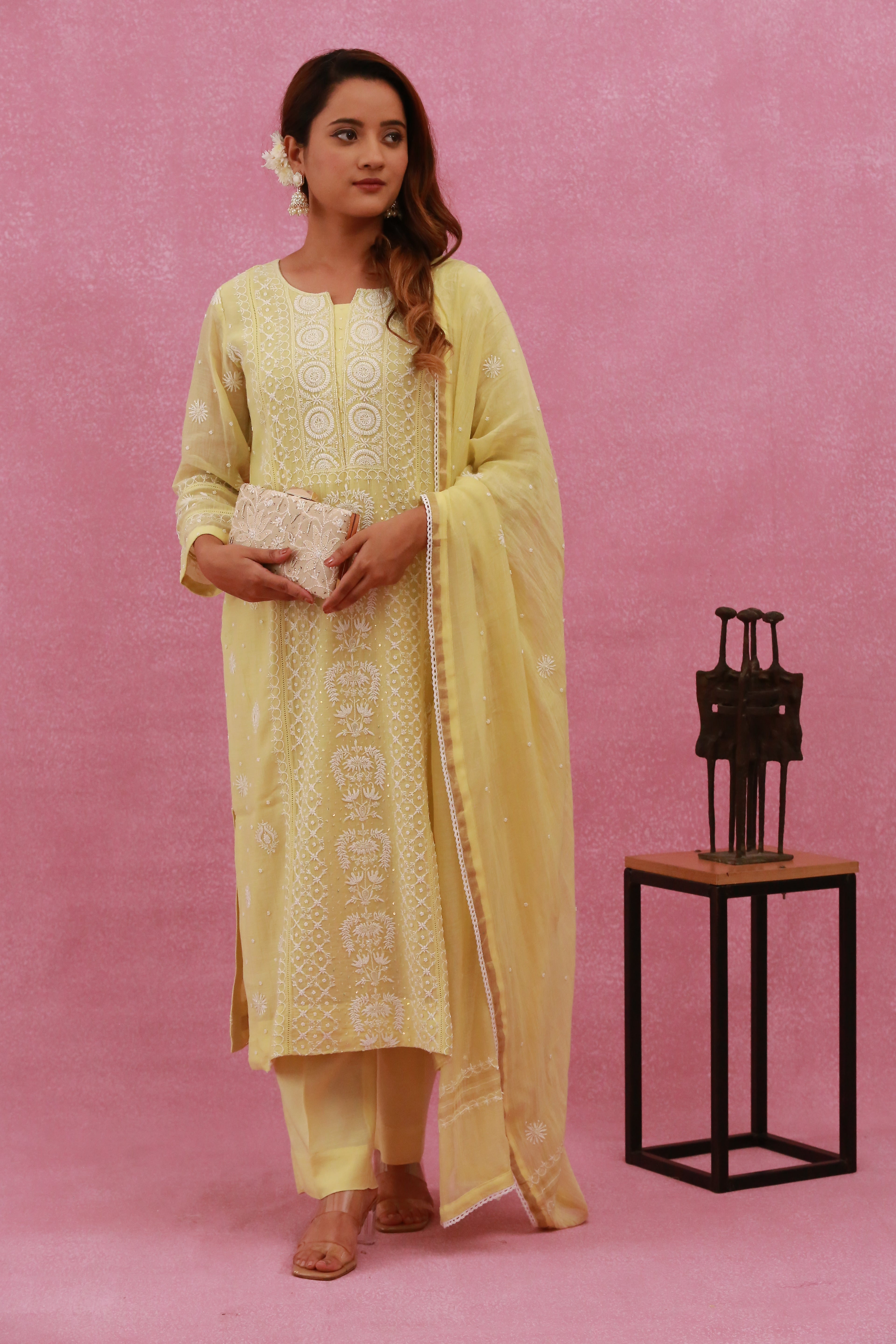 Urviya Chikankari Mul Chanderi Cutdaana Yellow Pearl Work Panel Suit