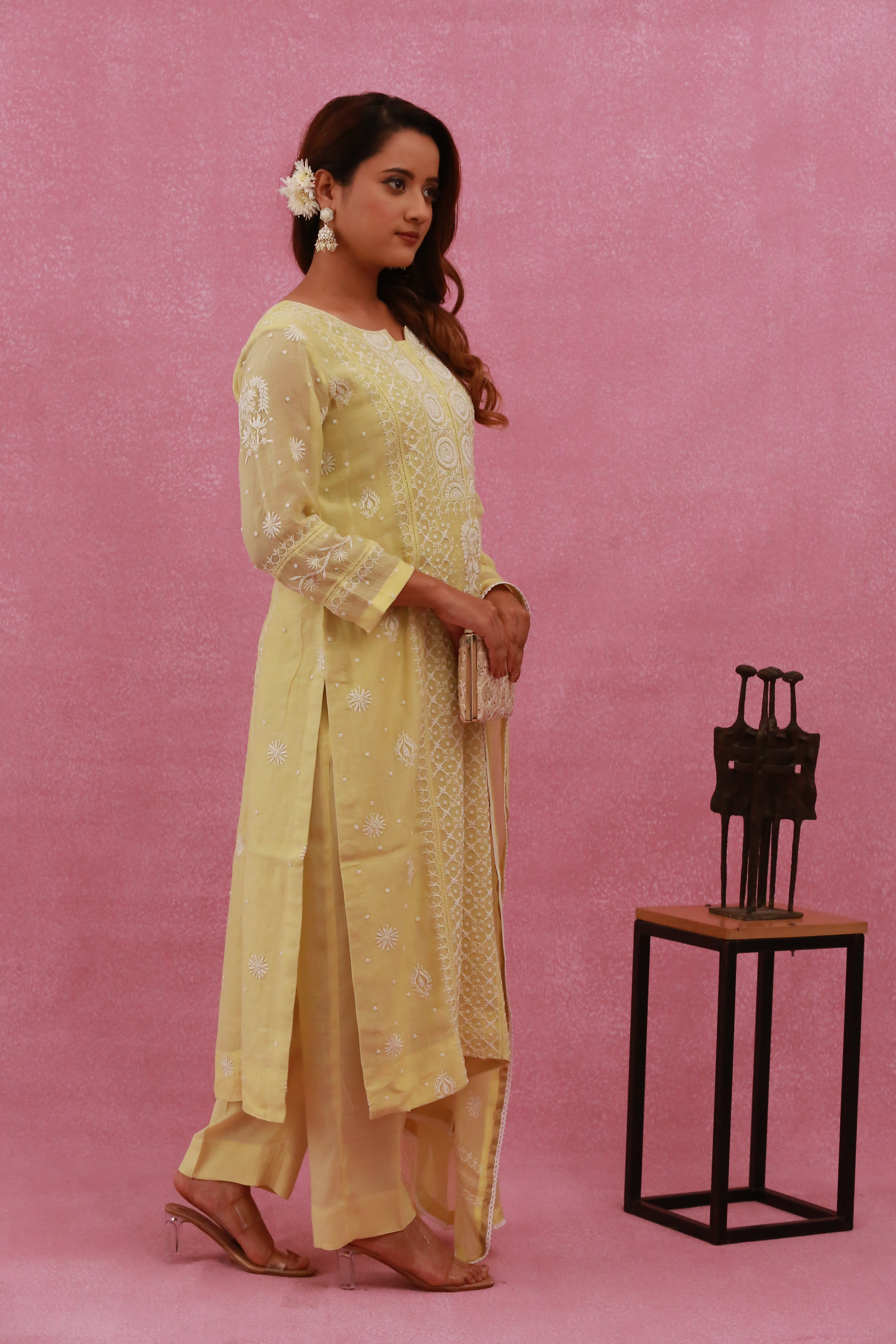 Urviya Chikankari Mul Chanderi Cutdaana Yellow Pearl Work Panel Suit