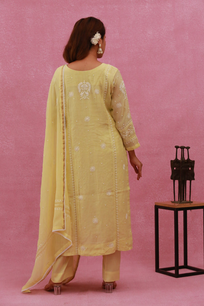 Urviya Chikankari Mul Chanderi Cutdaana Yellow Pearl Work Sequence Panel Suit