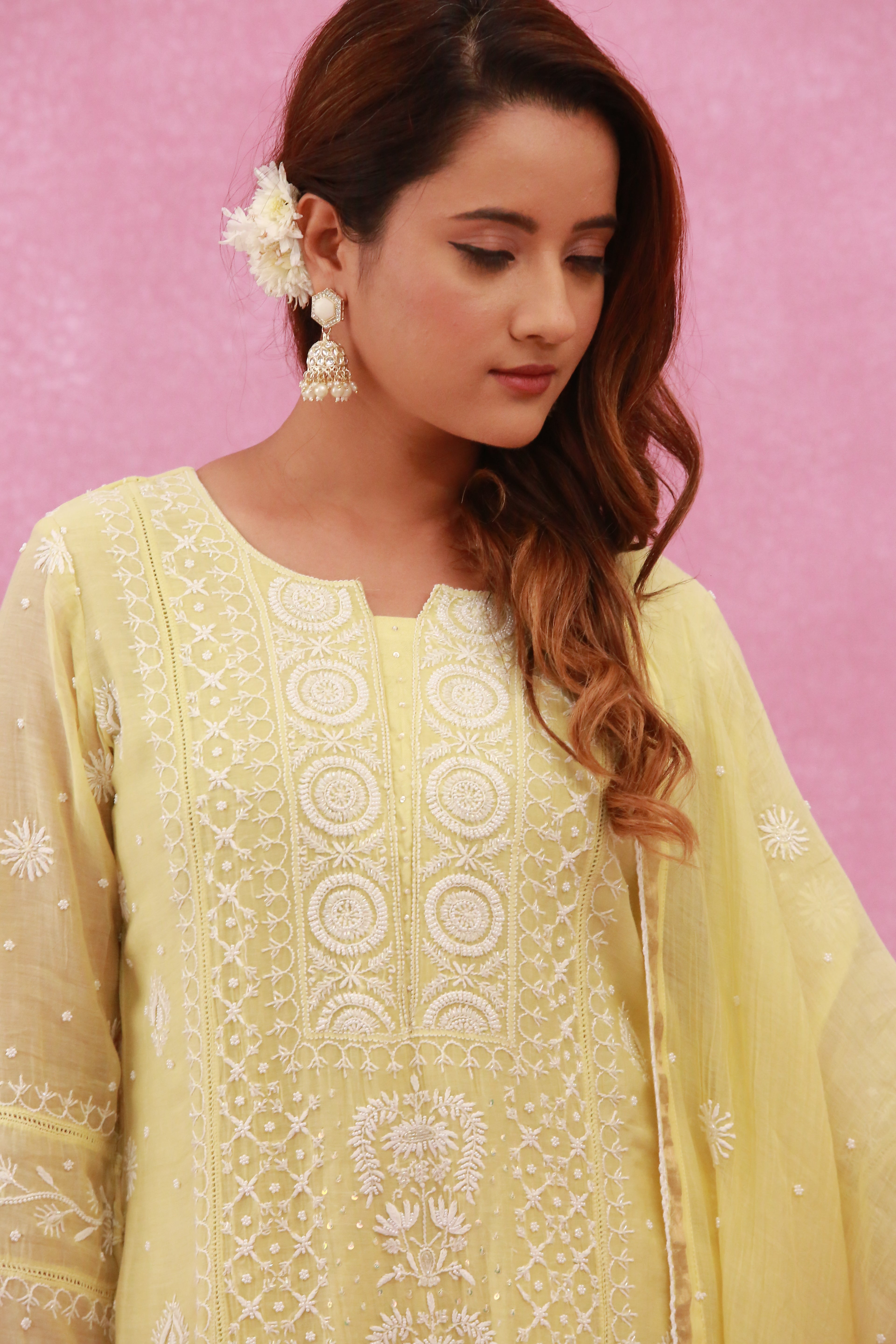 Urviya Chikankari Mul Chanderi Cutdaana Yellow Pearl Work Panel Suit