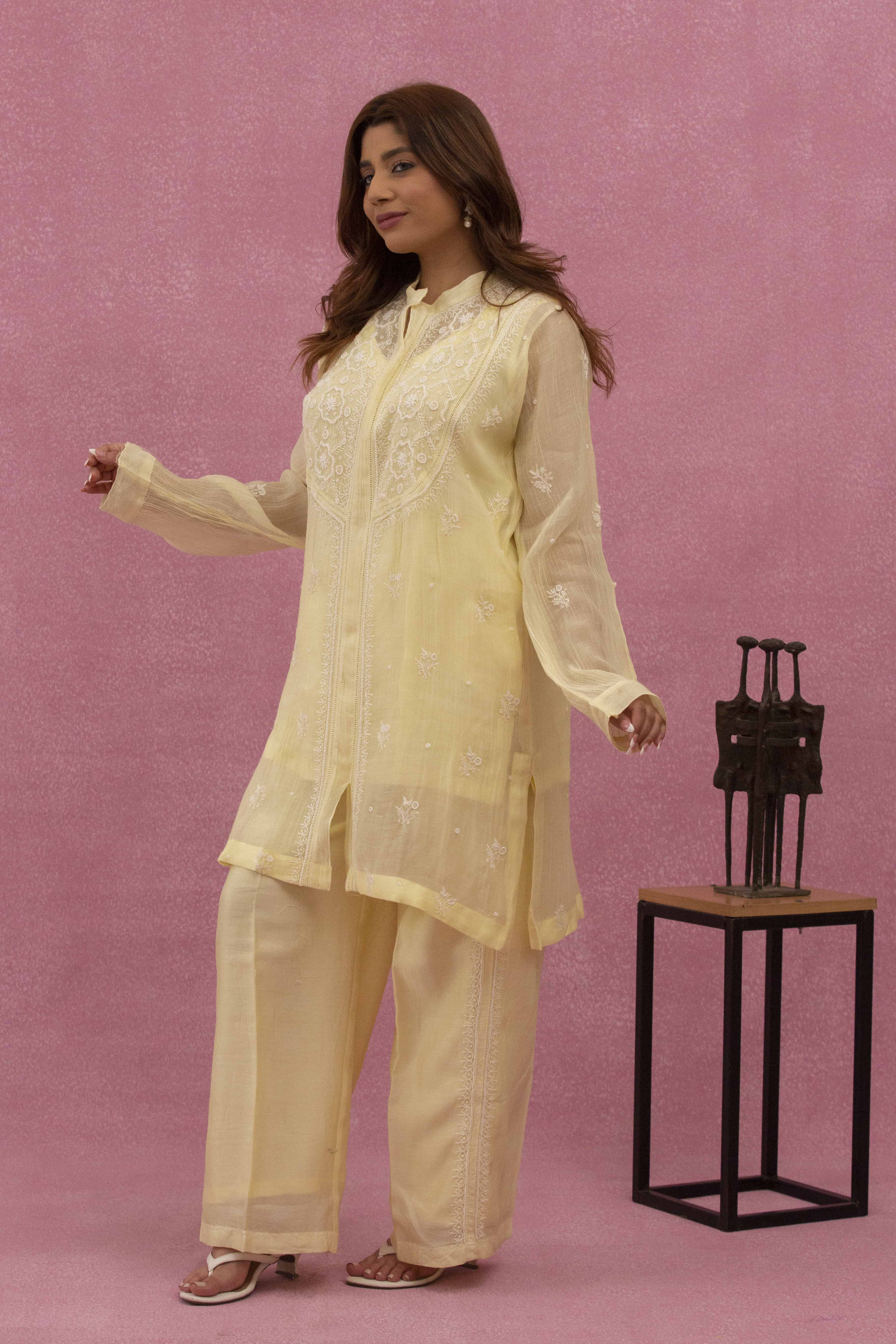 Urviya Chikankari Mul Chanderi Lemon Yellow Pearl and Cutdaana Coord Set