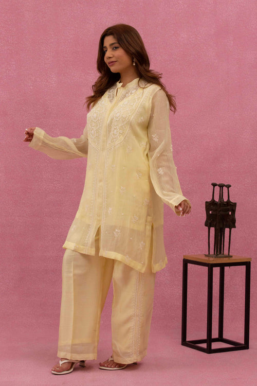 Urviya Chikankari Mul Chanderi Lemon Yellow Pearl and Cutdaana Coord Set