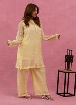 Urviya Chikankari Mul Chanderi Lemon Yellow Pearl and Cutdaana Coord Set