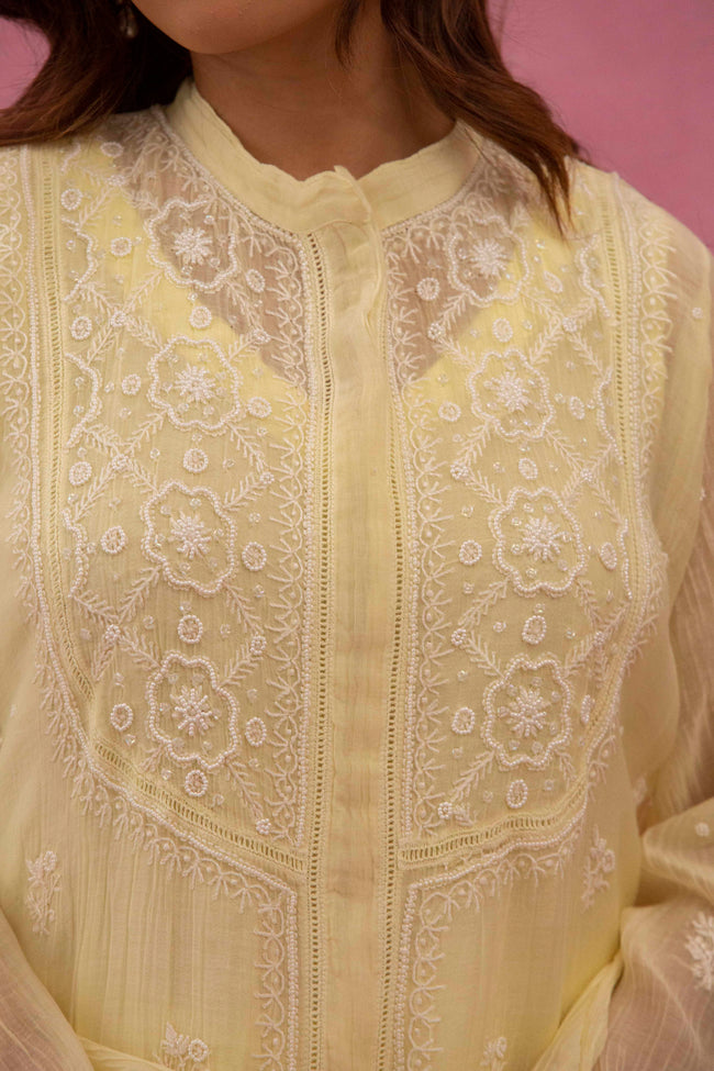Urviya Chikankari Mul Chanderi Lemon Yellow Pearl and Cutdaana Coord Set