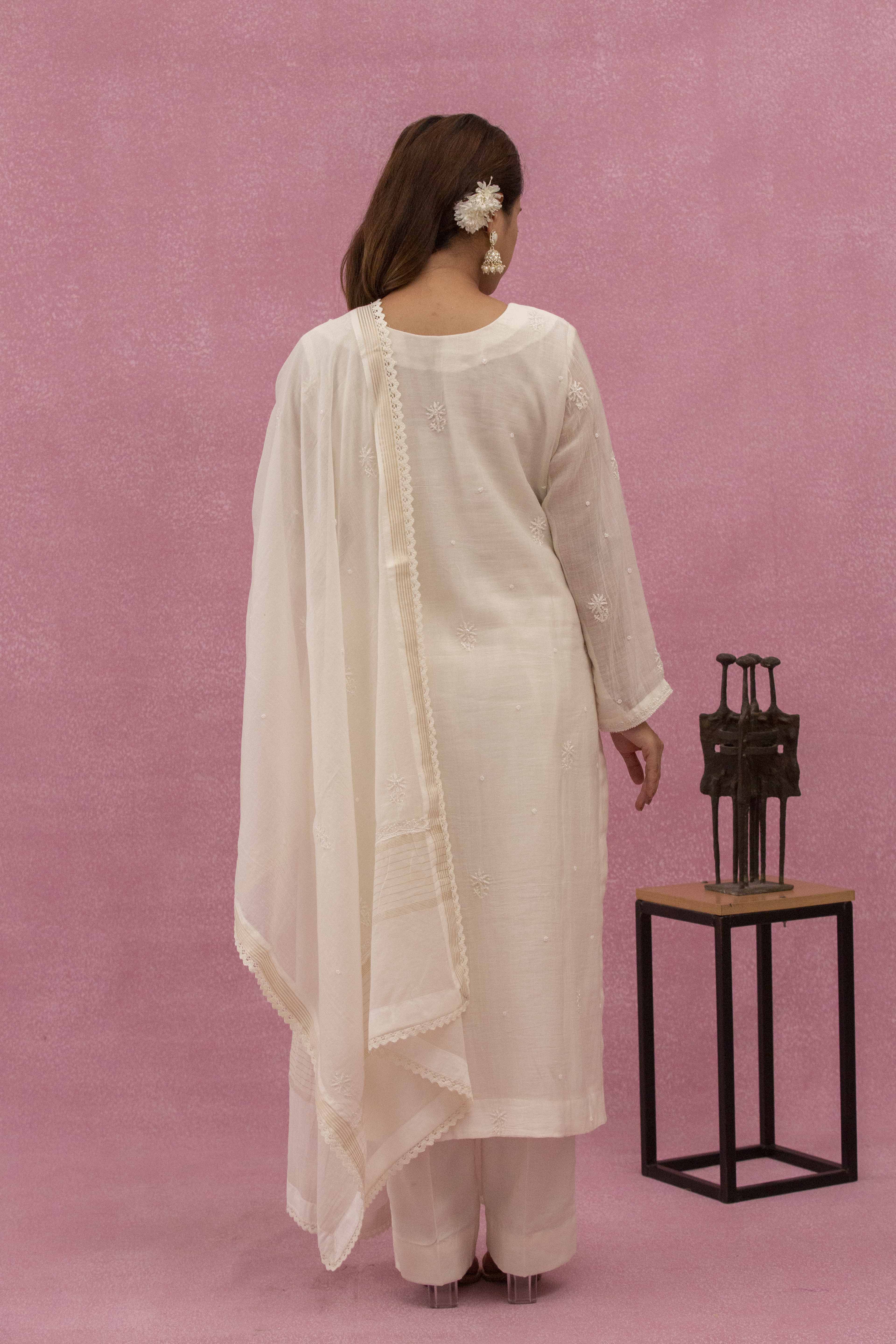 Urviya Chikankari Mul Chanderi White Gala Boota Cutdaana Pearl Work Suit