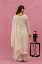 Urviya Chikankari Mul Chanderi White Gala Boota Cutdaana Pearl Work Suit