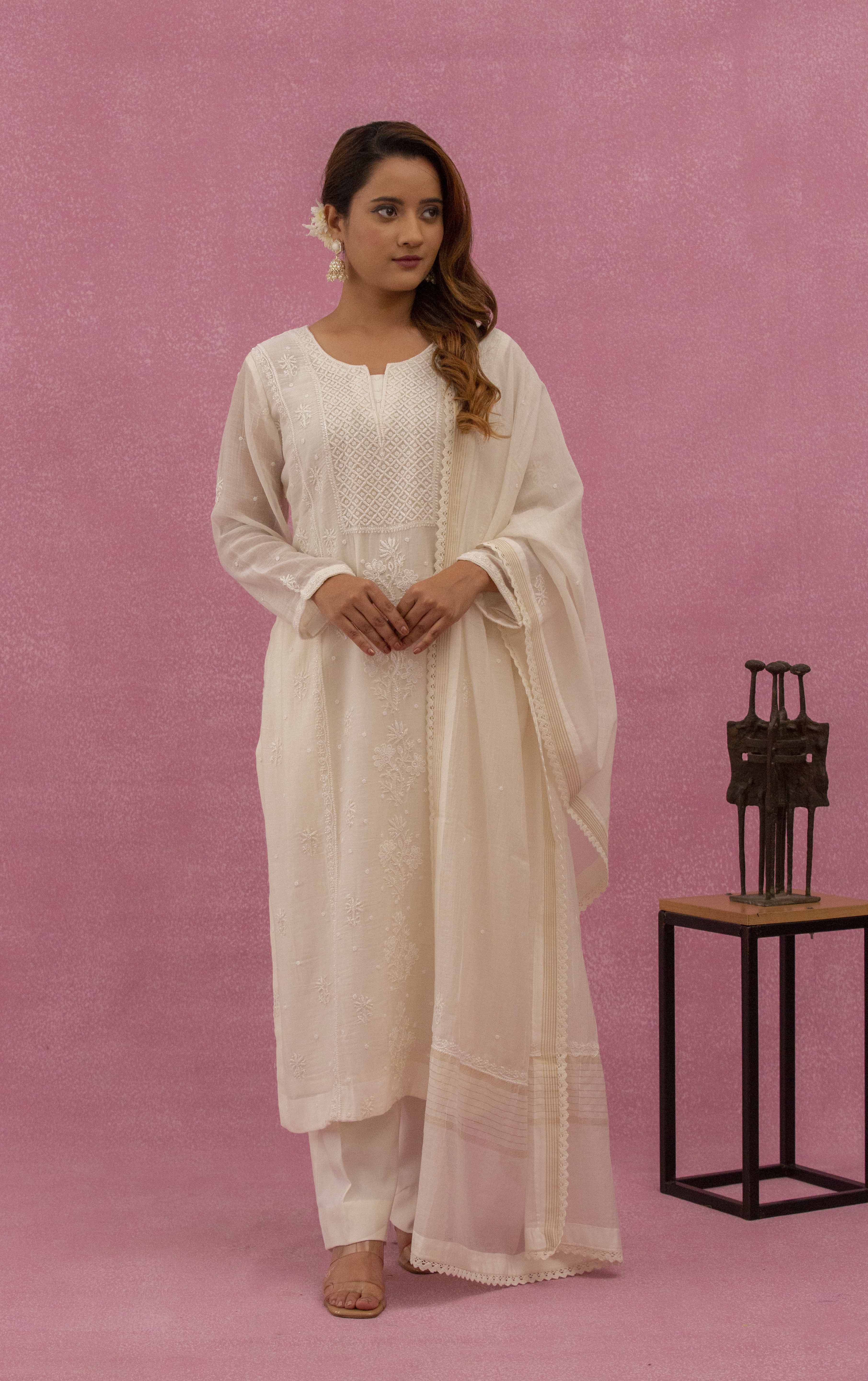 Urviya Chikankari Mul Chanderi White Gala Boota Cutdaana Pearl Work Suit