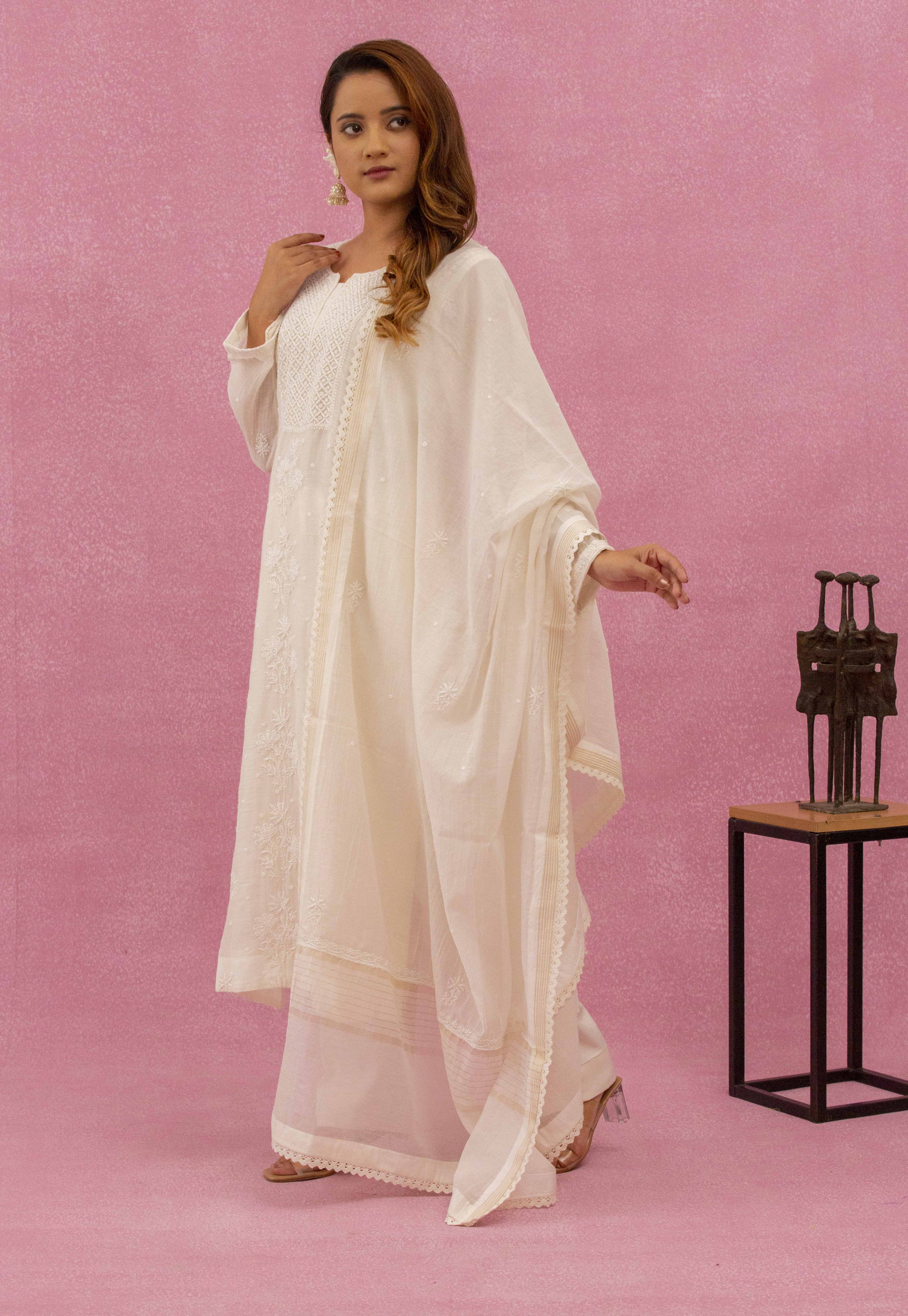 Urviya Chikankari Mul Chanderi White Gala Boota Cutdaana Pearl Work Suit