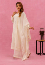 Urviya Chikankari Mul Chanderi White Gala Boota Cutdaana Pearl Work Suit