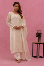 Urviya Chikankari Mul Chanderi White Gala Boota Cutdaana Pearl Work Suit