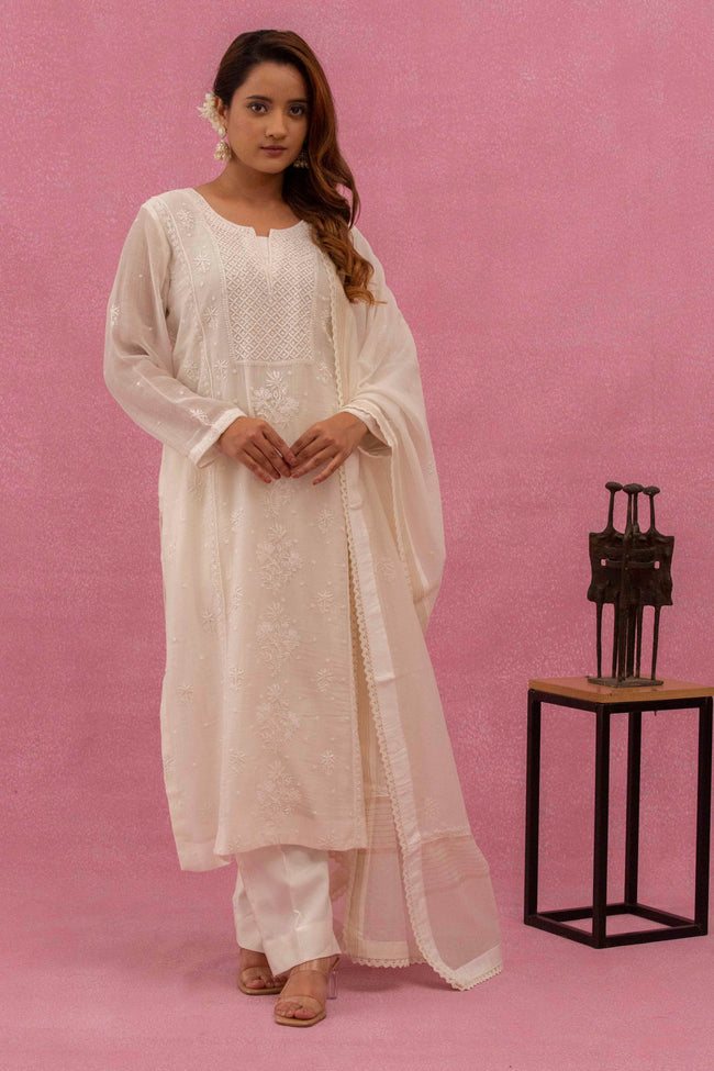 Urviya Chikankari Mul Chanderi White Gala Boota Cutdaana Pearl Work Suit