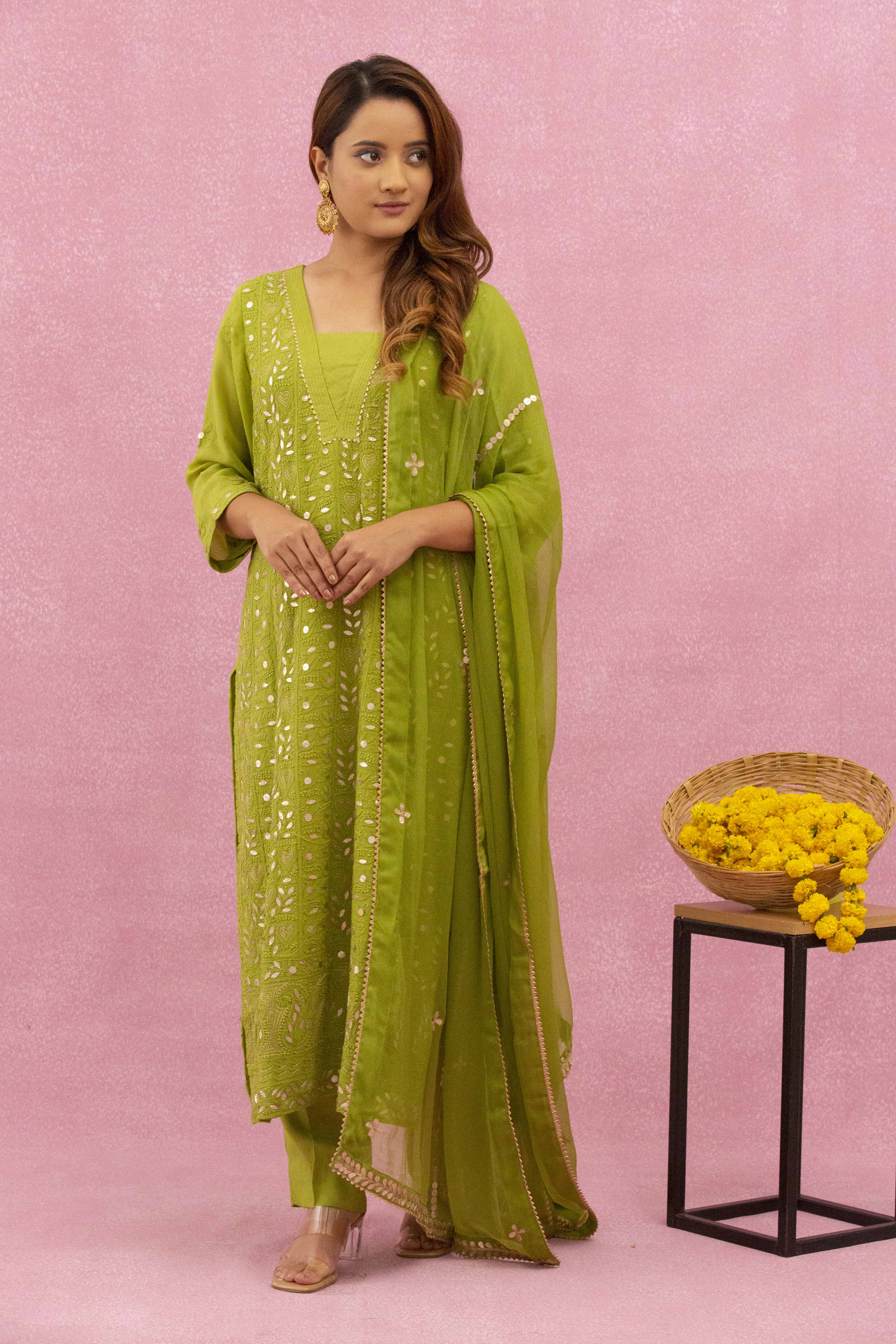 Urviya Chikankari Viscose Georgette Green Gotta patti Jaal Bakhiya Zari Work Suit