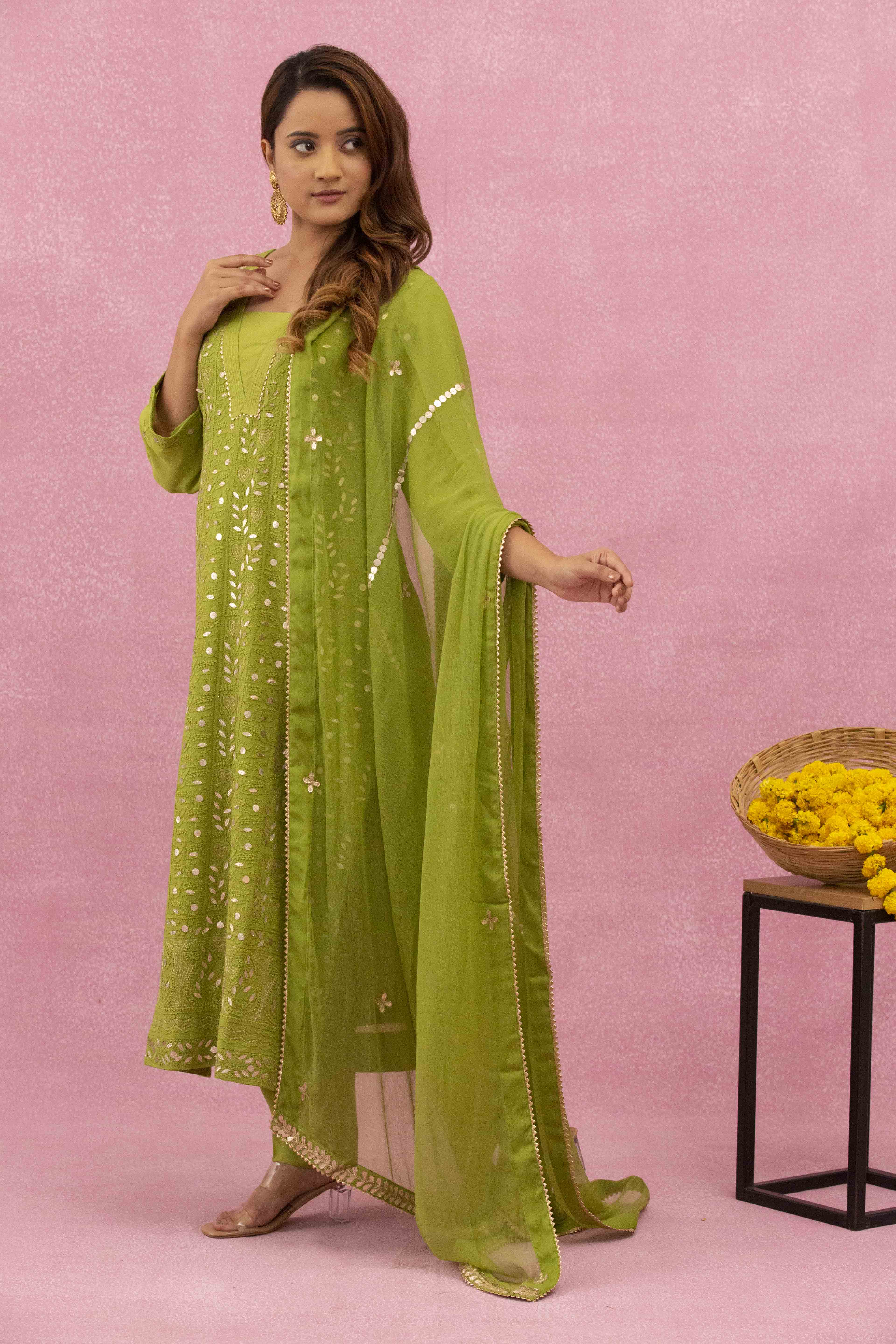 Urviya Chikankari Viscose Georgette Green Gotta patti Jaal Bakhiya Zari Work Suit