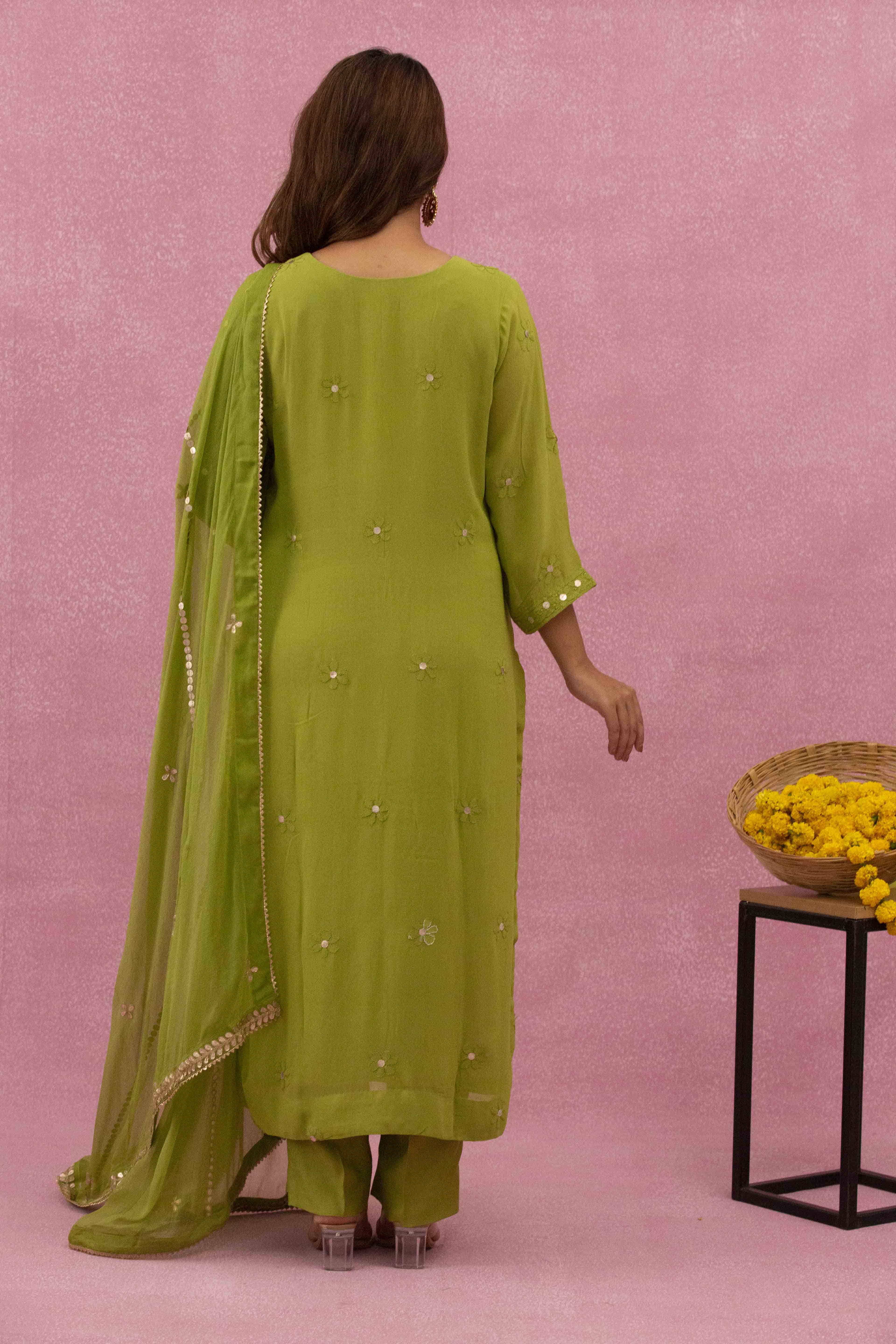 Urviya Chikankari Viscose Georgette Green Gotta patti Jaal Bakhiya Zari Work Suit