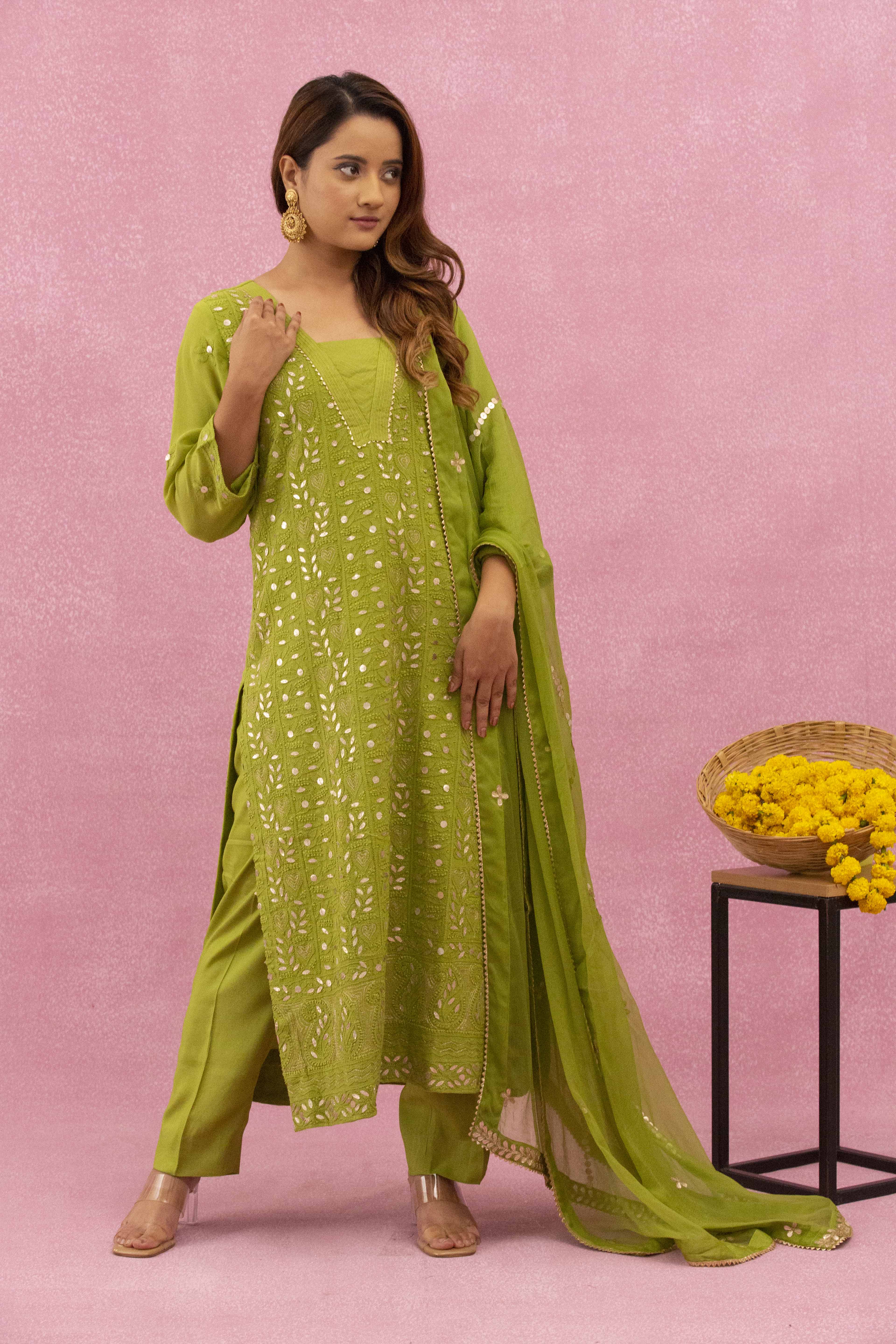Urviya Chikankari Viscose Georgette Green Gotta patti Jaal Bakhiya Zari Work Suit