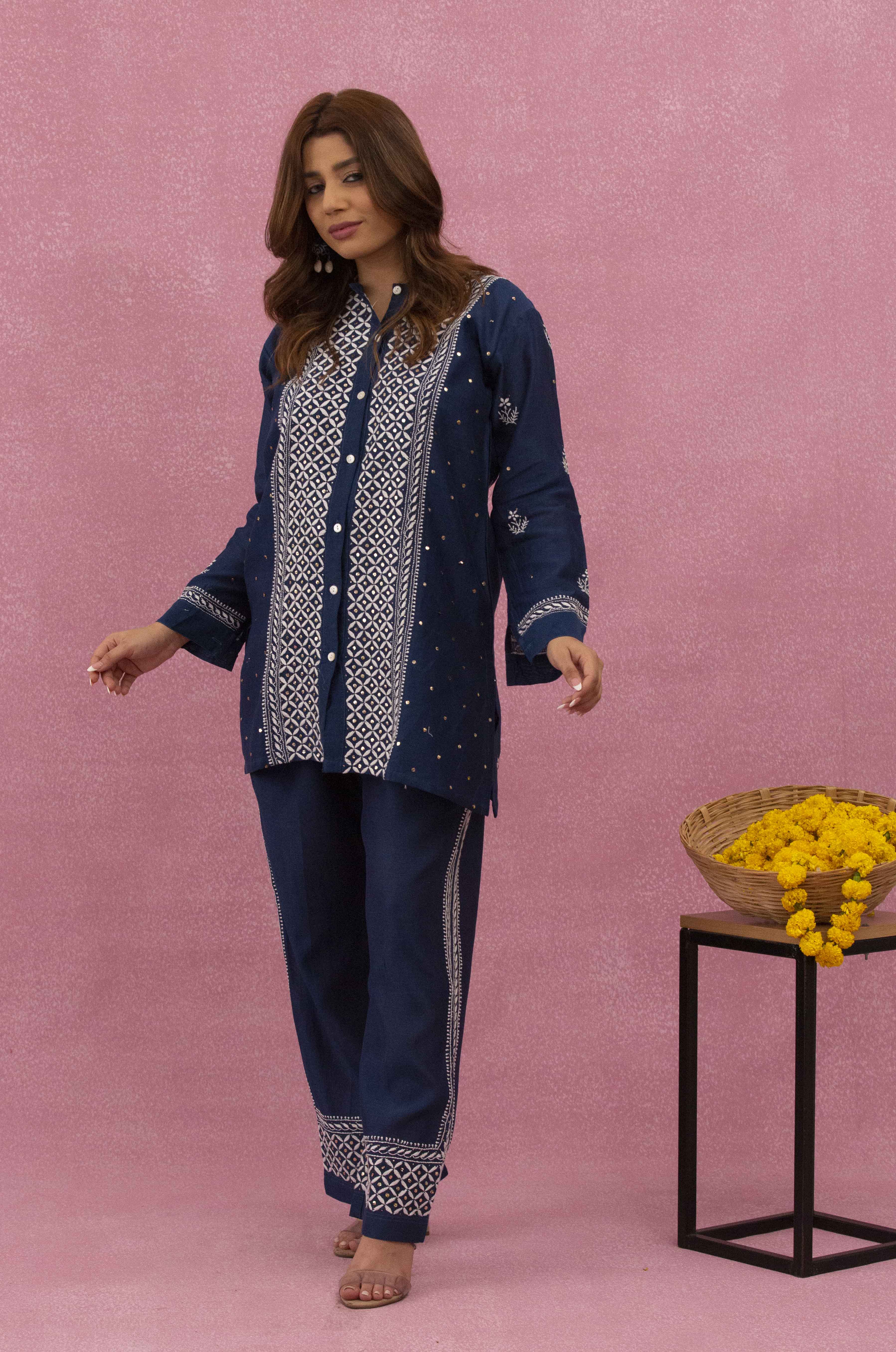 Urviya Chikankari Chanderi Silk Dark Blue Mukaish Coord Set