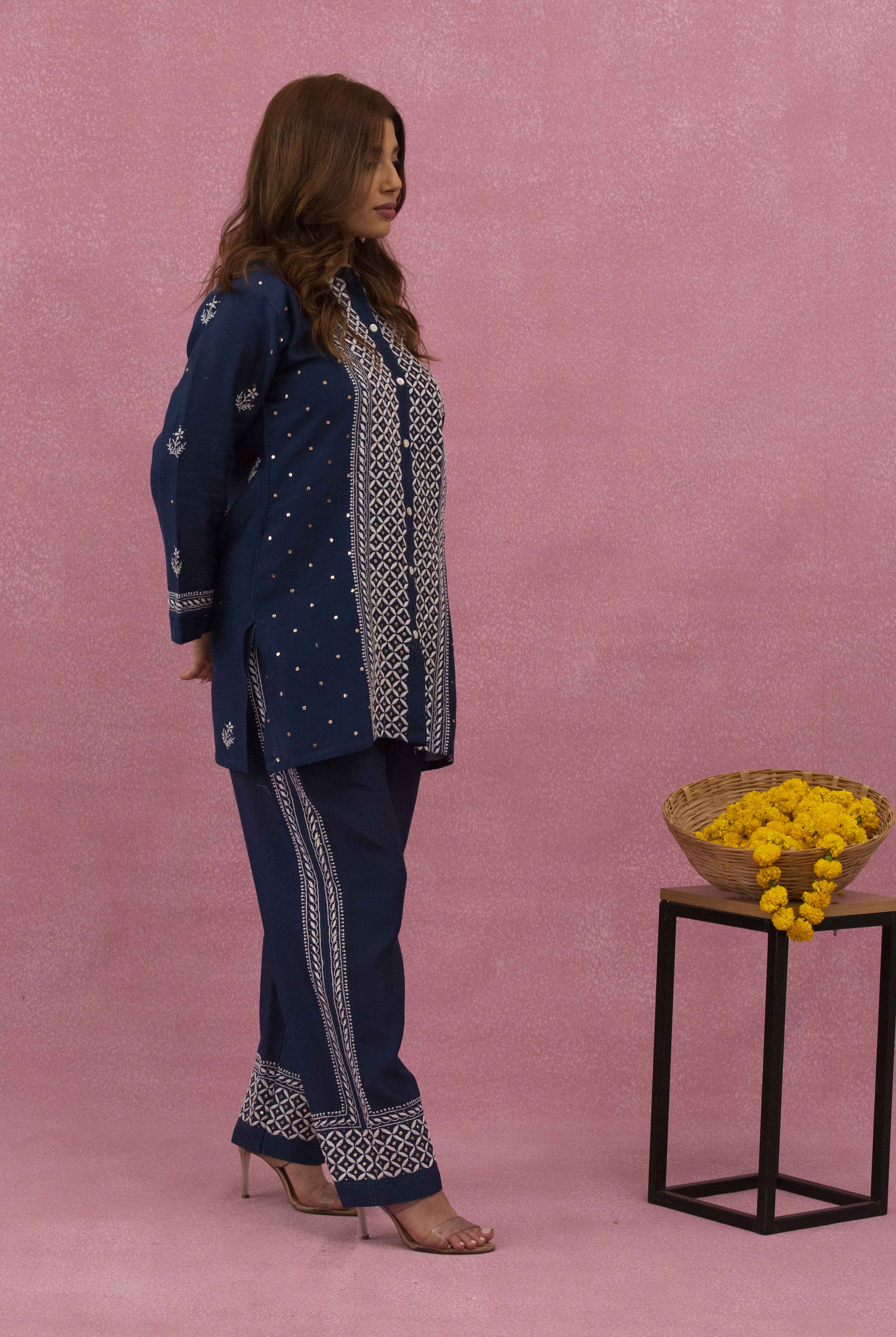 Urviya Chikankari Chanderi Silk Dark Blue Mukaish Coord Set