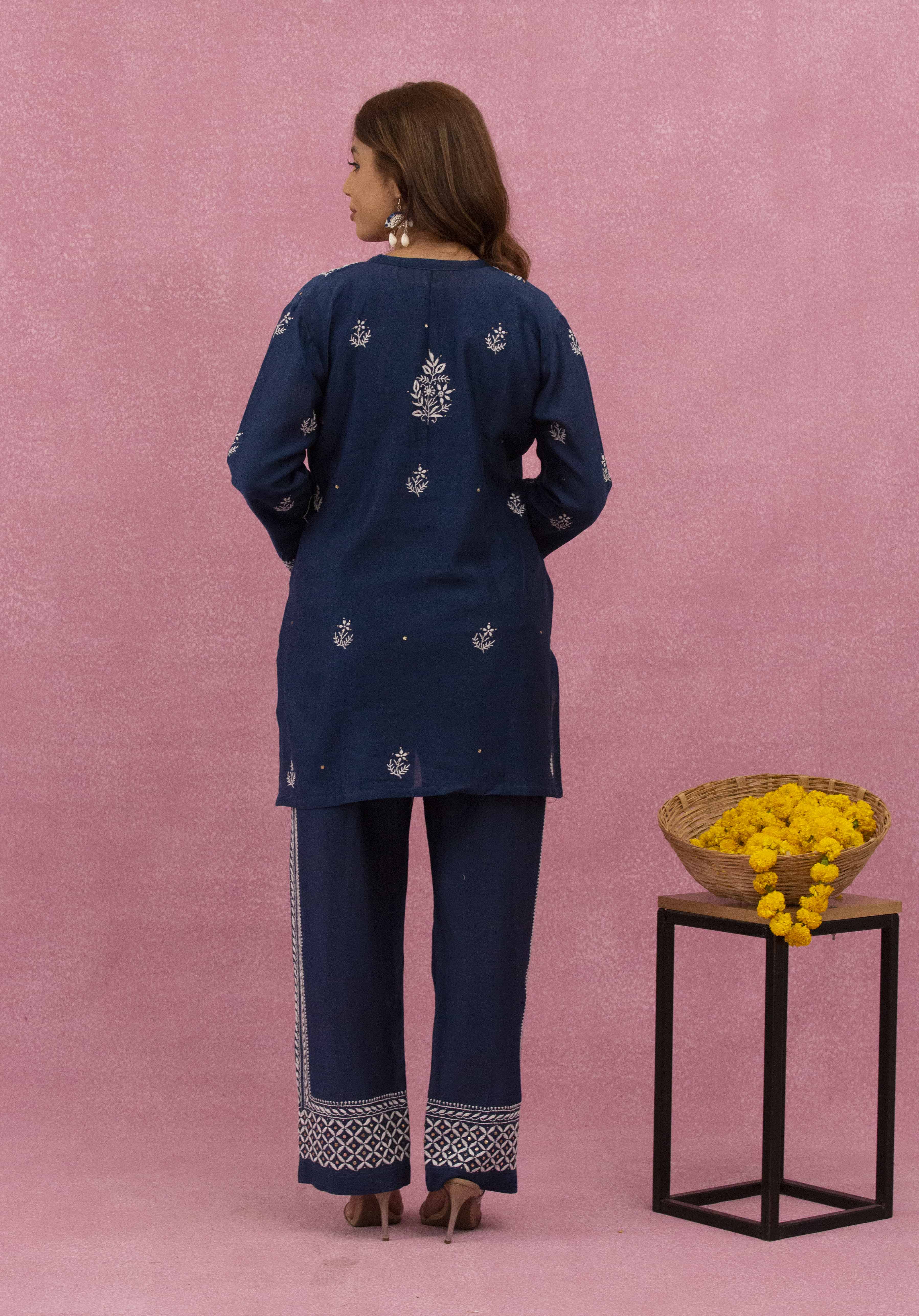 Urviya Chikankari Chanderi Silk Dark Blue Mukaish Coord Set