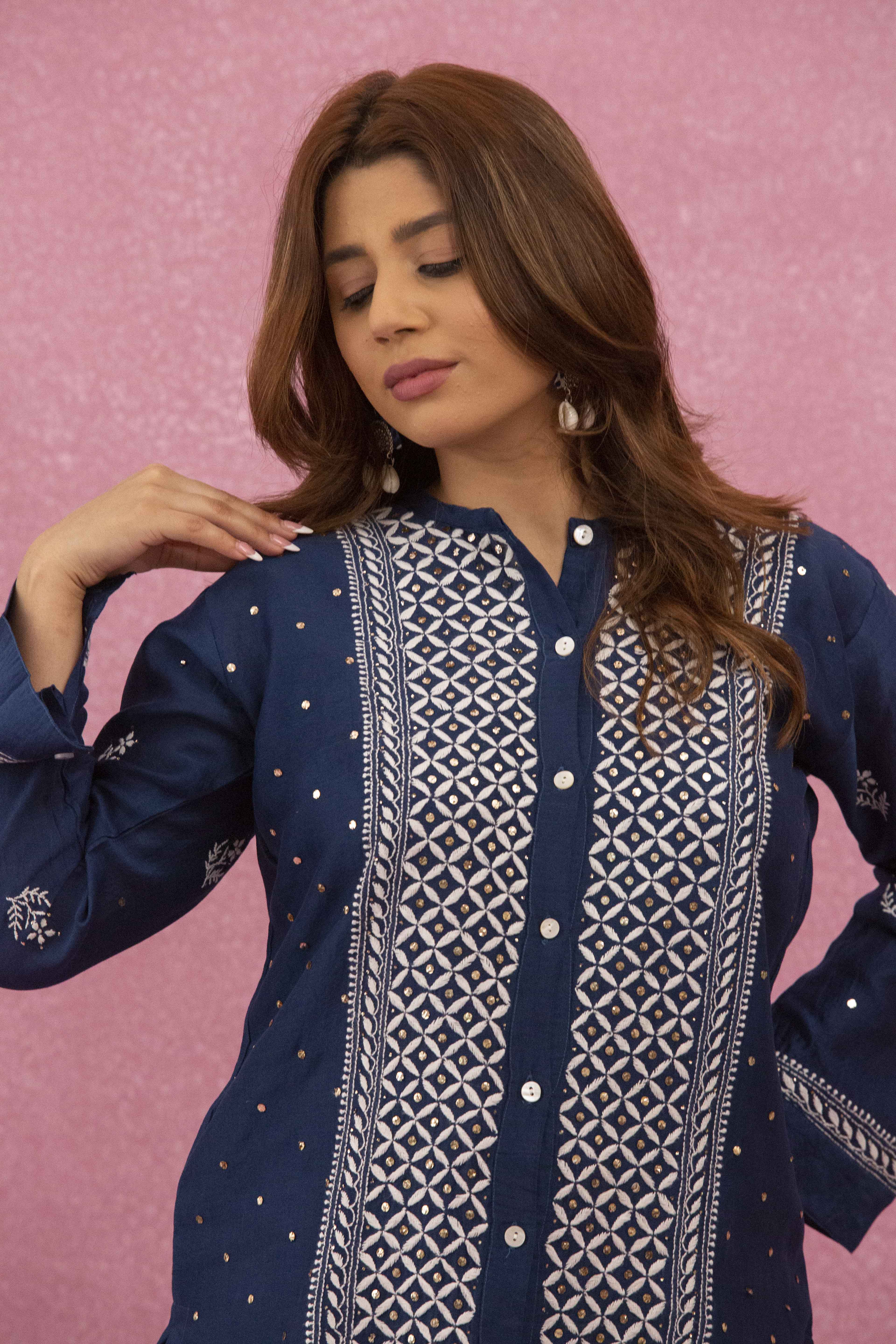 Urviya Chikankari Chanderi Silk Dark Blue Mukaish Coord Set