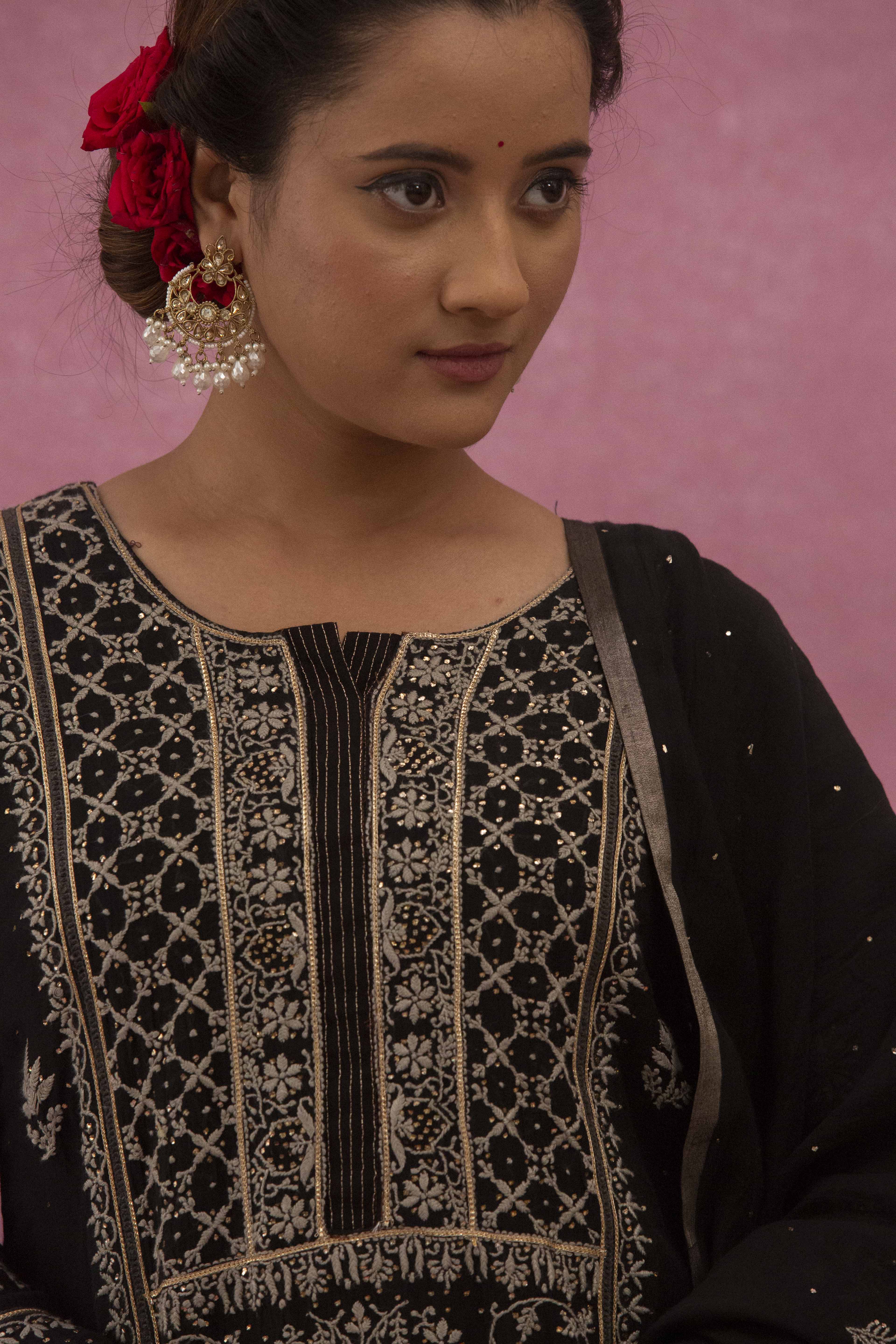 Urviya Chikankari Mul Chanderi Black Panel Mukaish Suit
