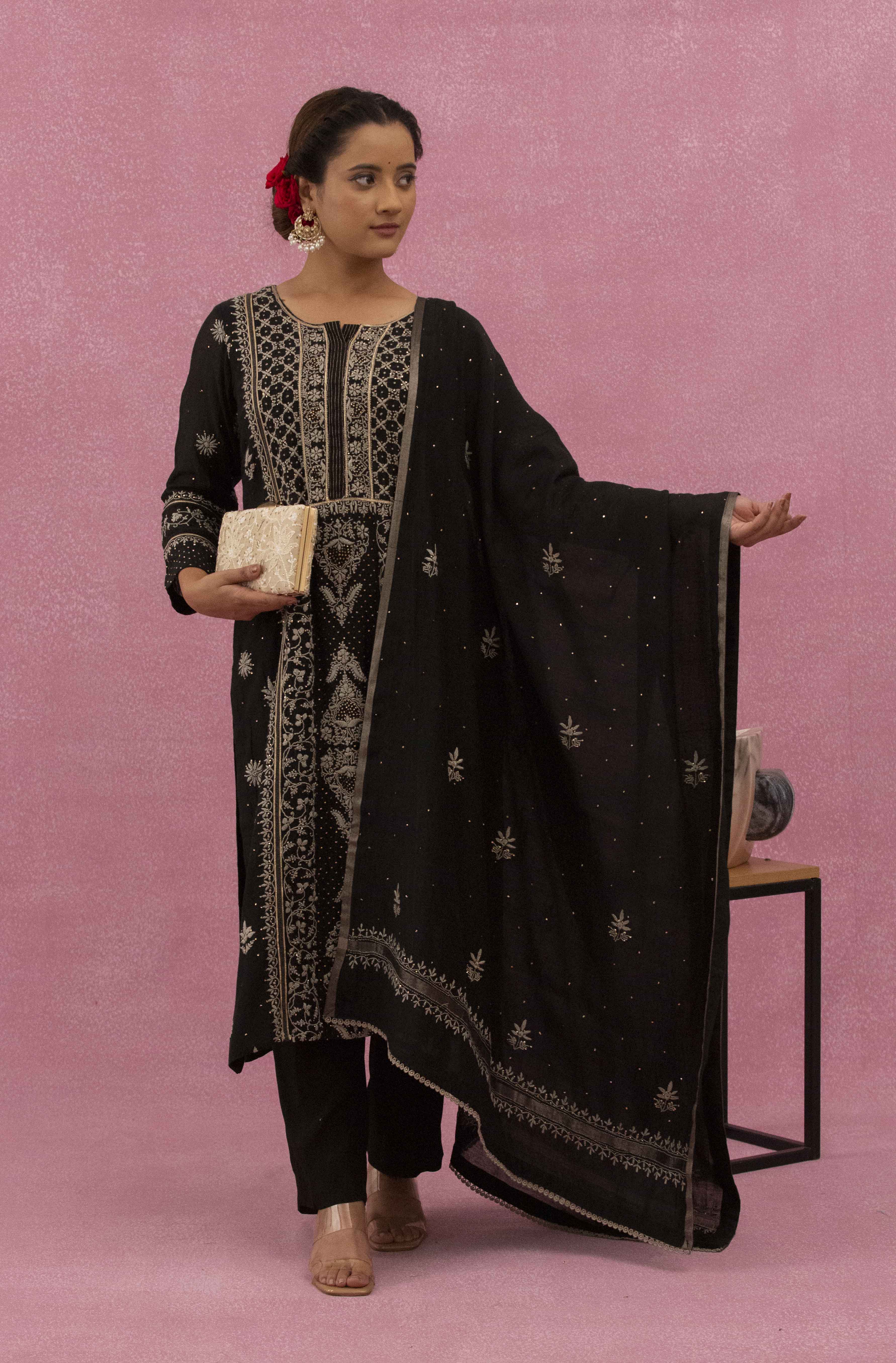 Urviya Chikankari Mul Chanderi Black Panel Mukaish Suit