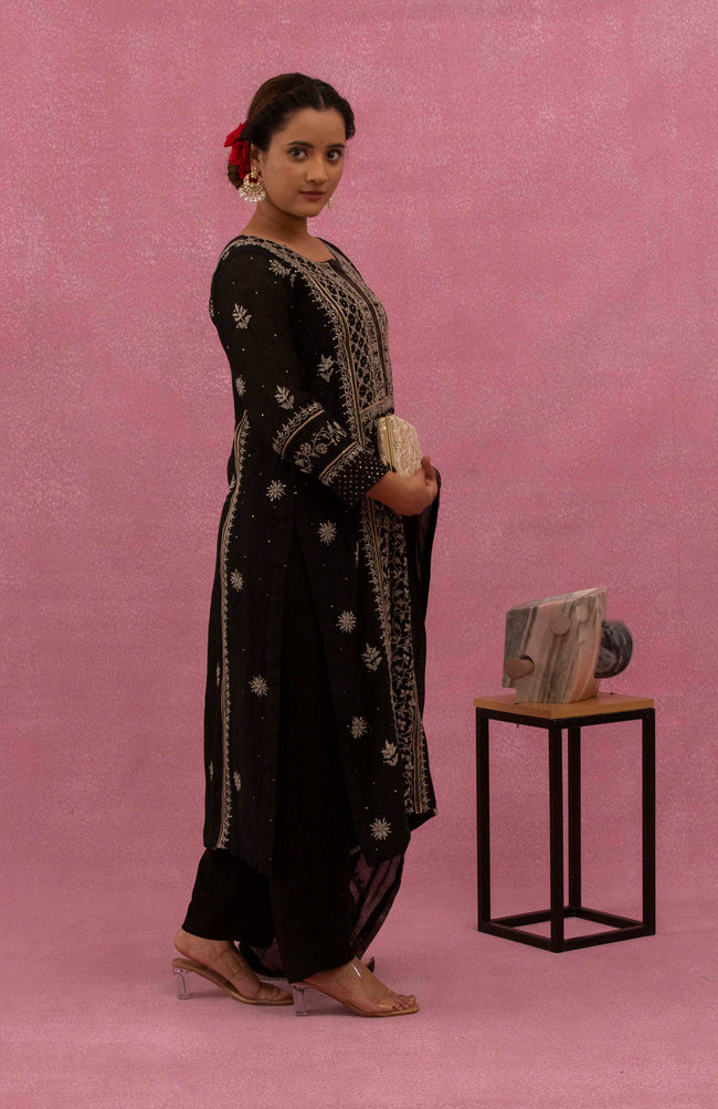 Urviya Chikankari Mul Chanderi Black Panel Mukaish Suit