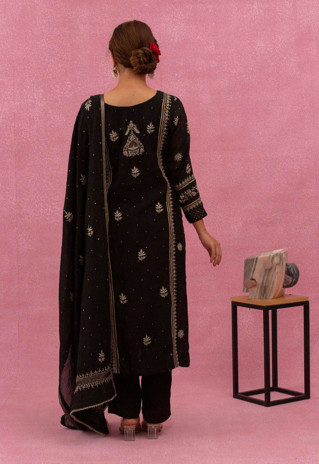 Urviya Chikankari Mul Chanderi Black Panel Mukaish Suit