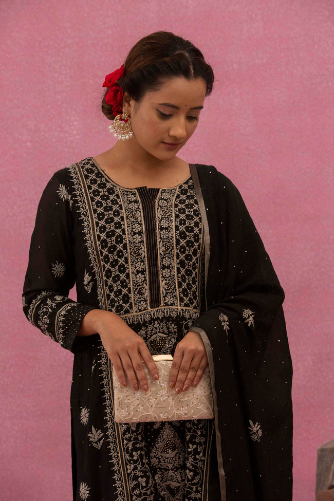Urviya Chikankari Mul Chanderi Black Panel Mukaish Suit
