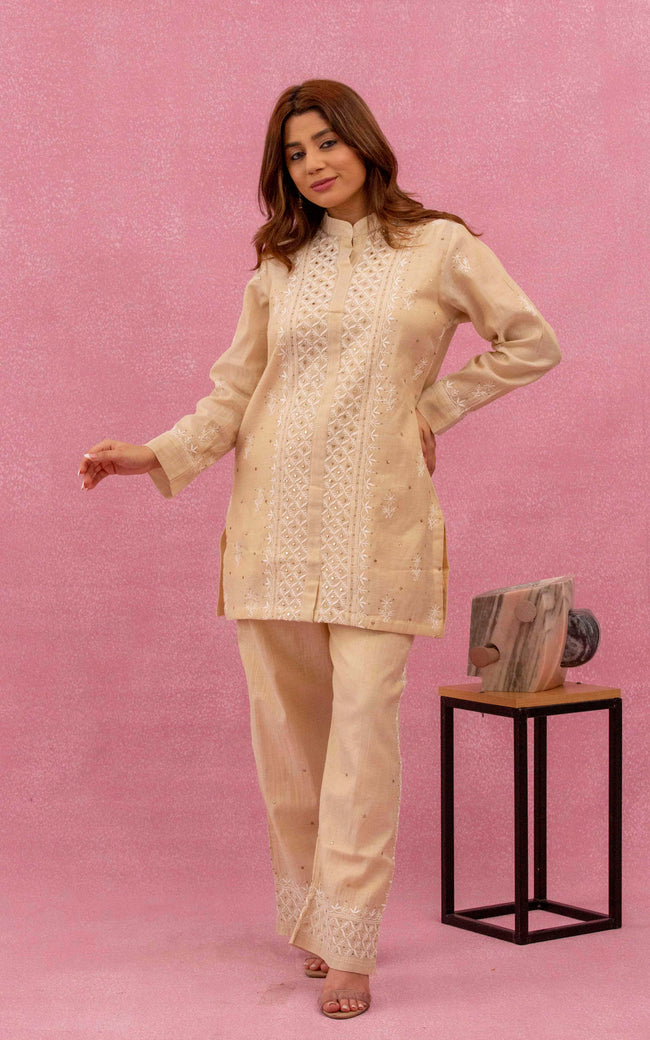 Urviya Chikankari Tissue Yellow Mukaish Coord Set
