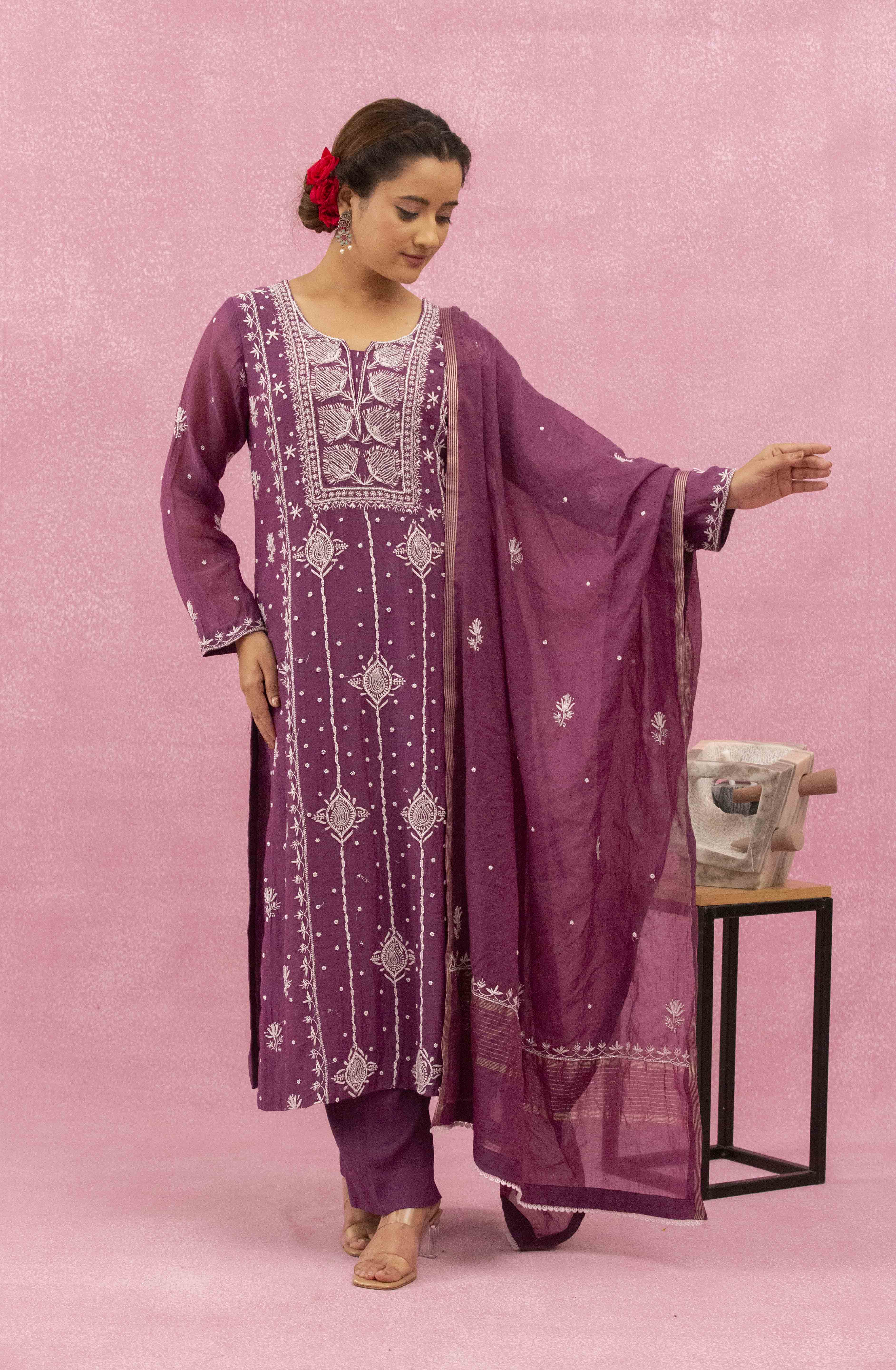 Urviya Chikankari Mul chanderi Purple Pearl Work Cutdaana Panel Suit