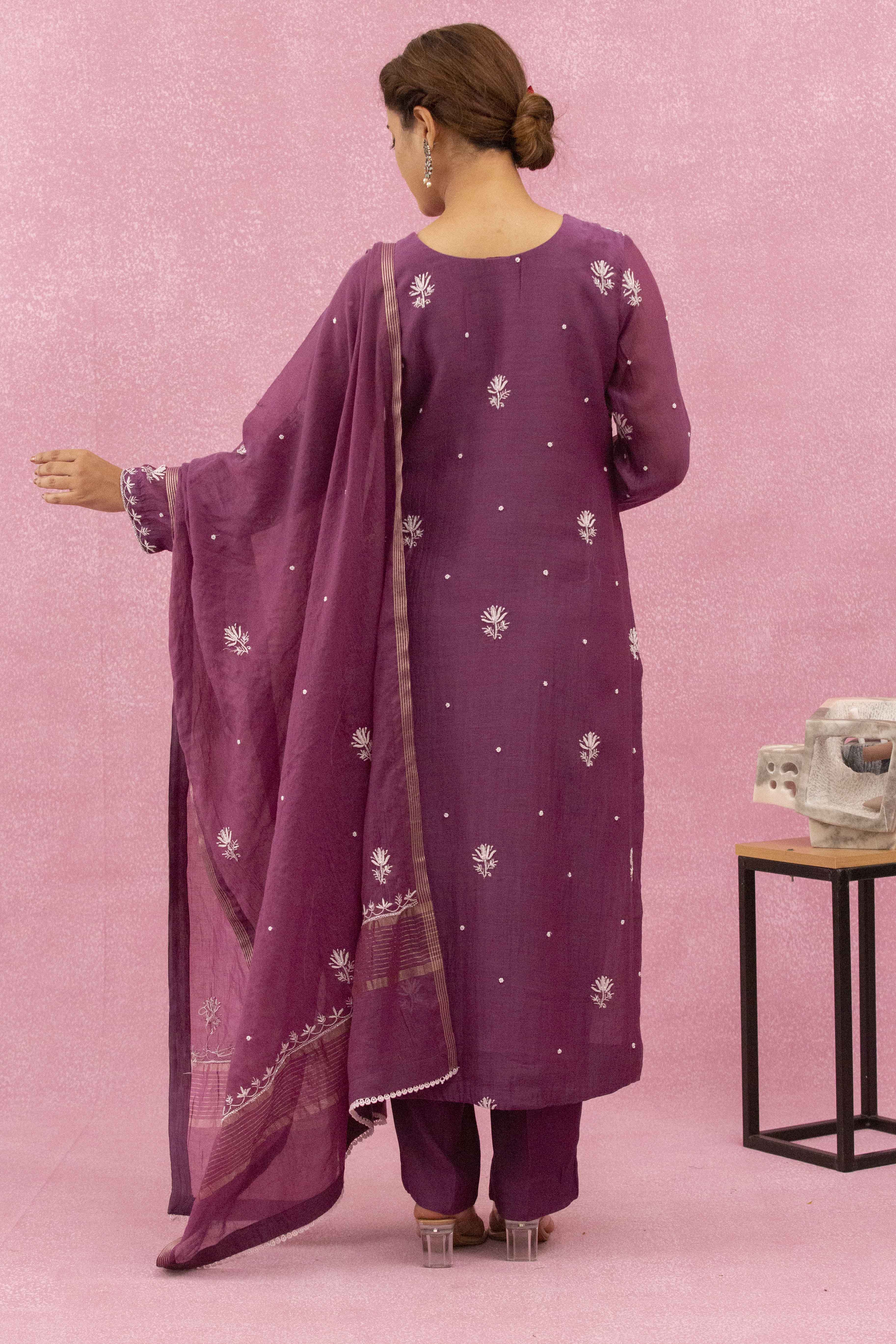Urviya Chikankari Mul chanderi Purple Pearl Work Cutdaana Panel Suit