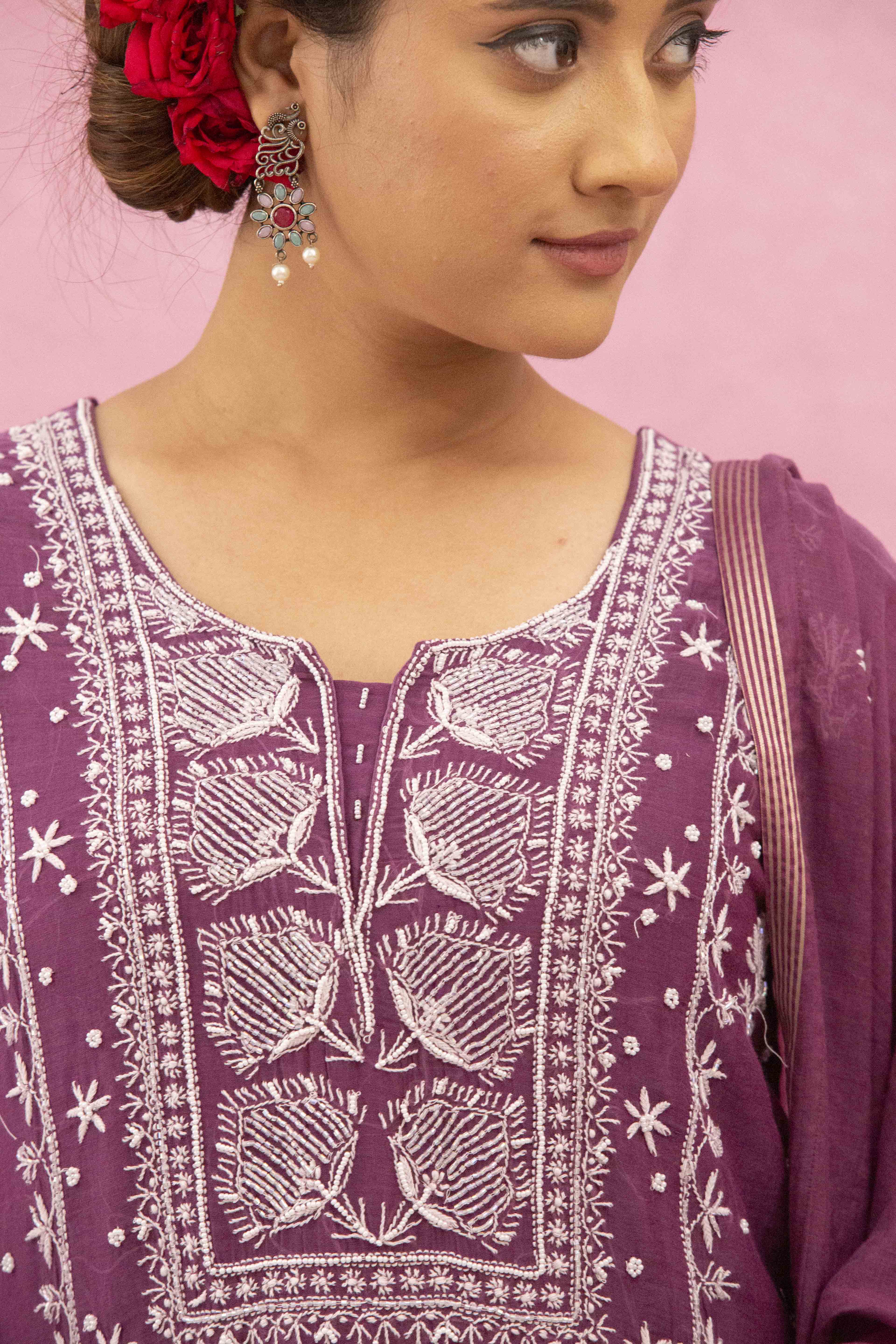 Urviya Chikankari Mul chanderi Purple Pearl Work Cutdaana Panel Suit