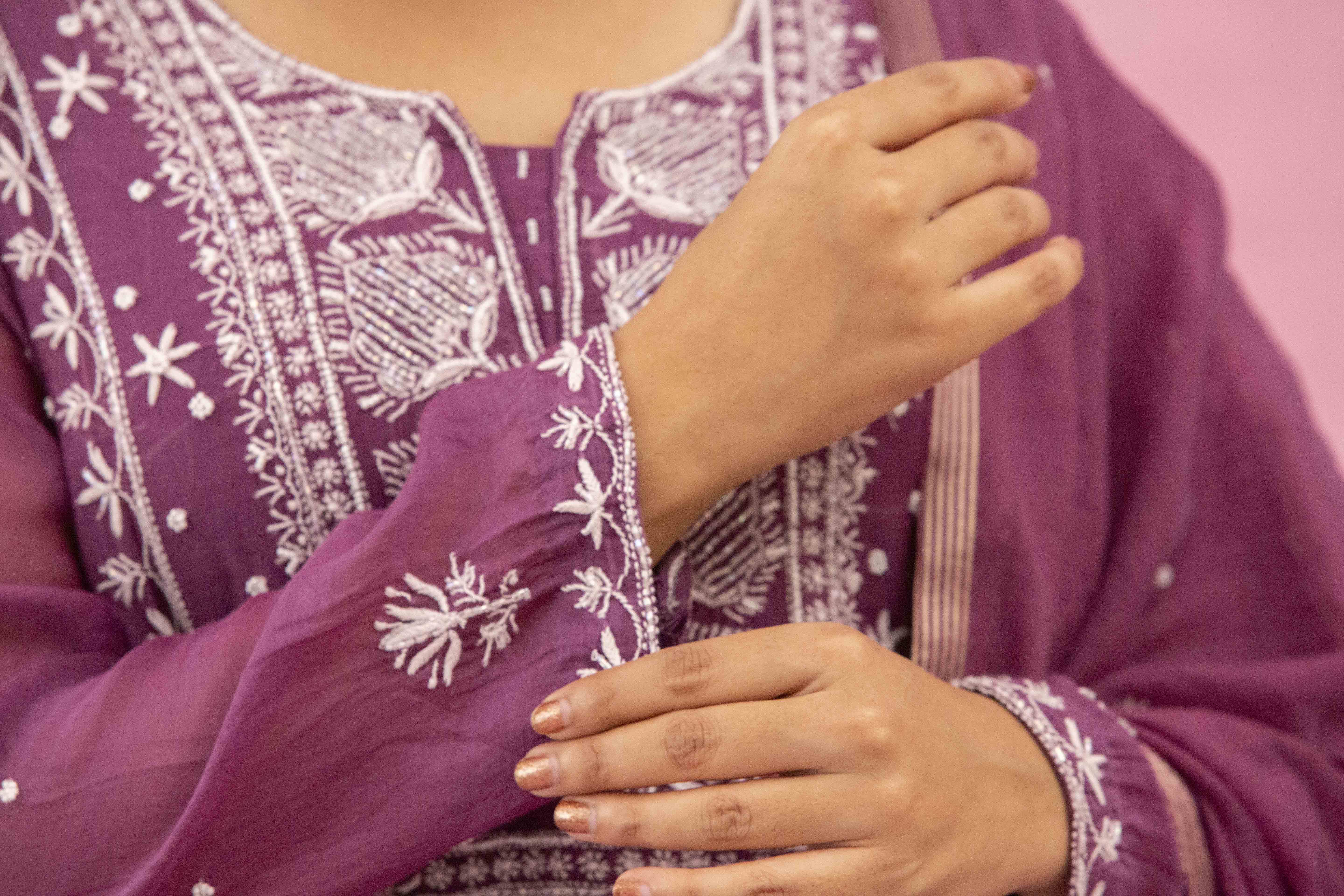 Urviya Chikankari Mul chanderi Purple Pearl Work Cutdaana Panel Suit