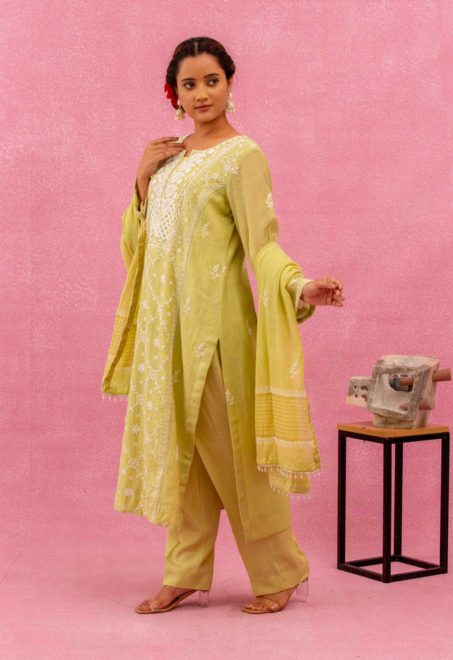Urviya Chikankari Mul Chanderi Lemon Green Pearl and Cutdaana Work Panel Suit