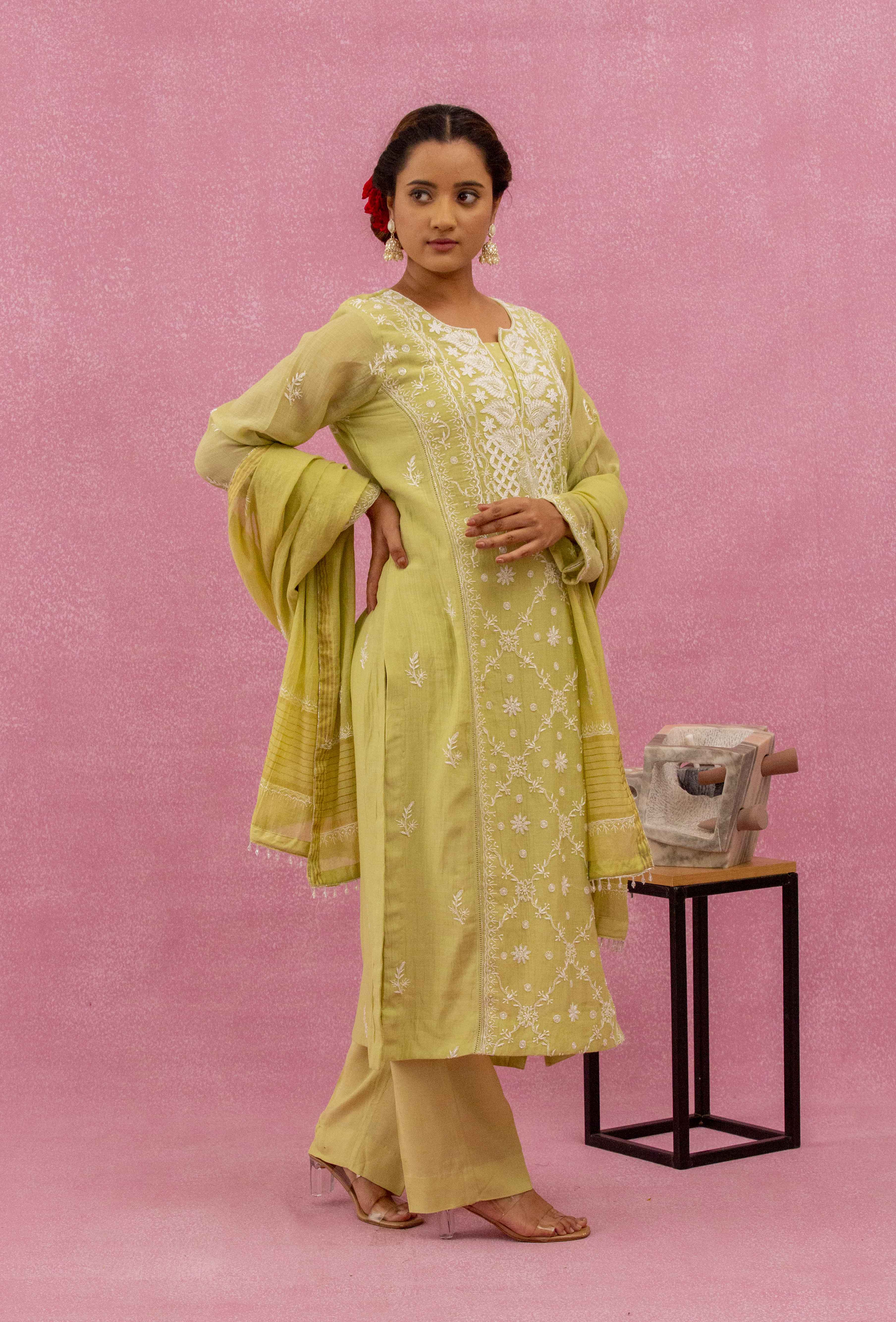 Urviya Chikankari Mul Chanderi Lemon Green Pearl and Cutdaana Work Panel Suit