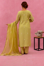 Urviya Chikankari Mul Chanderi Lemon Green Pearl and Cutdaana Work Panel Suit