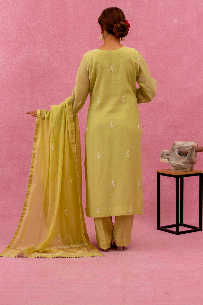 Urviya Chikankari Mul Chanderi Lemon Green Pearl and Cutdaana Work Panel Suit