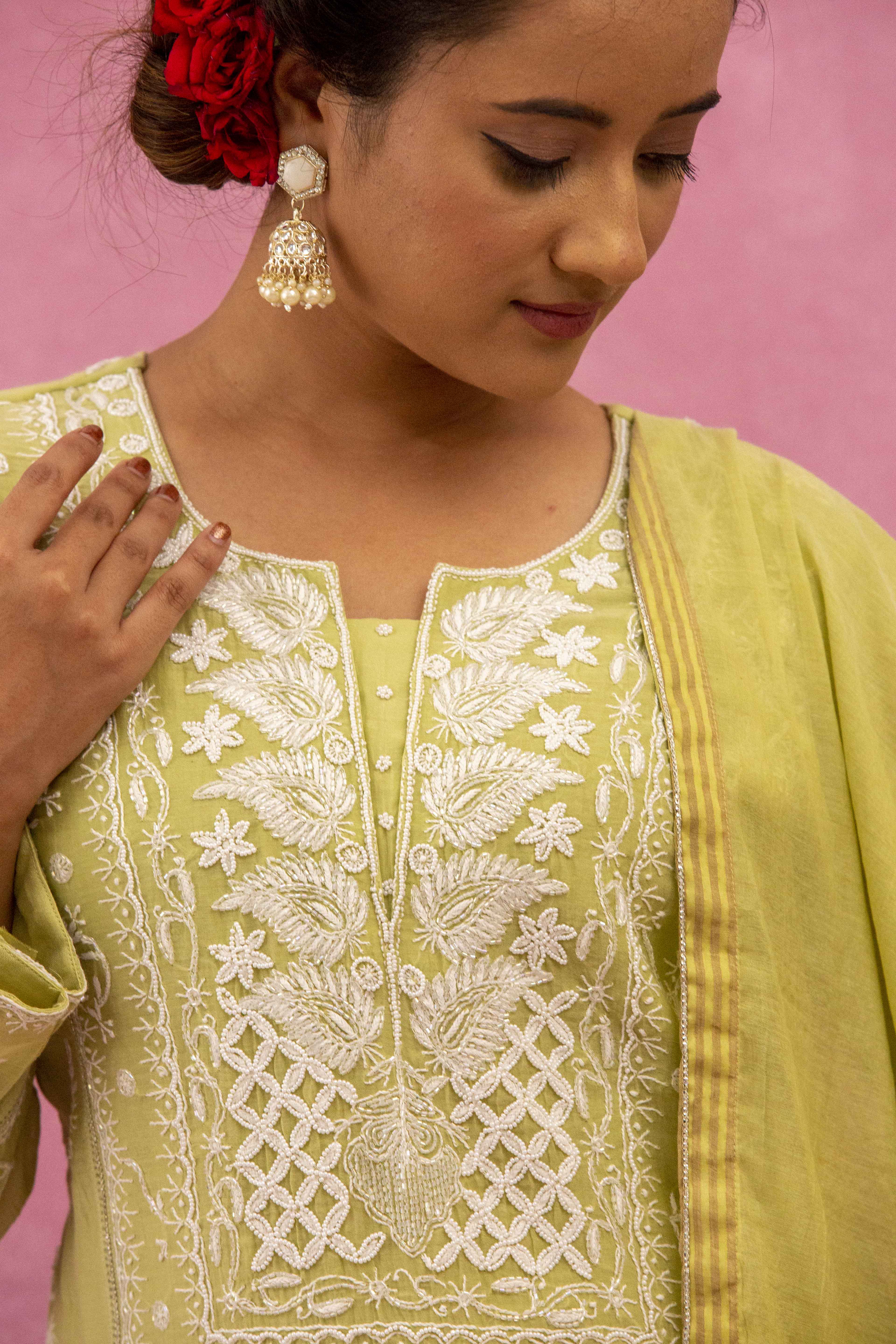 Urviya Chikankari Mul Chanderi Lemon Green Pearl and Cutdaana Work Panel Suit
