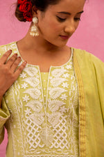 Urviya Chikankari Mul Chanderi Lemon Green Pearl and Cutdaana Work Panel Suit