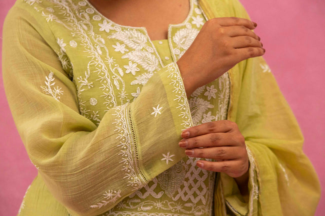Urviya Chikankari Mul Chanderi Lemon Green Pearl and Cutdaana Work Panel Suit