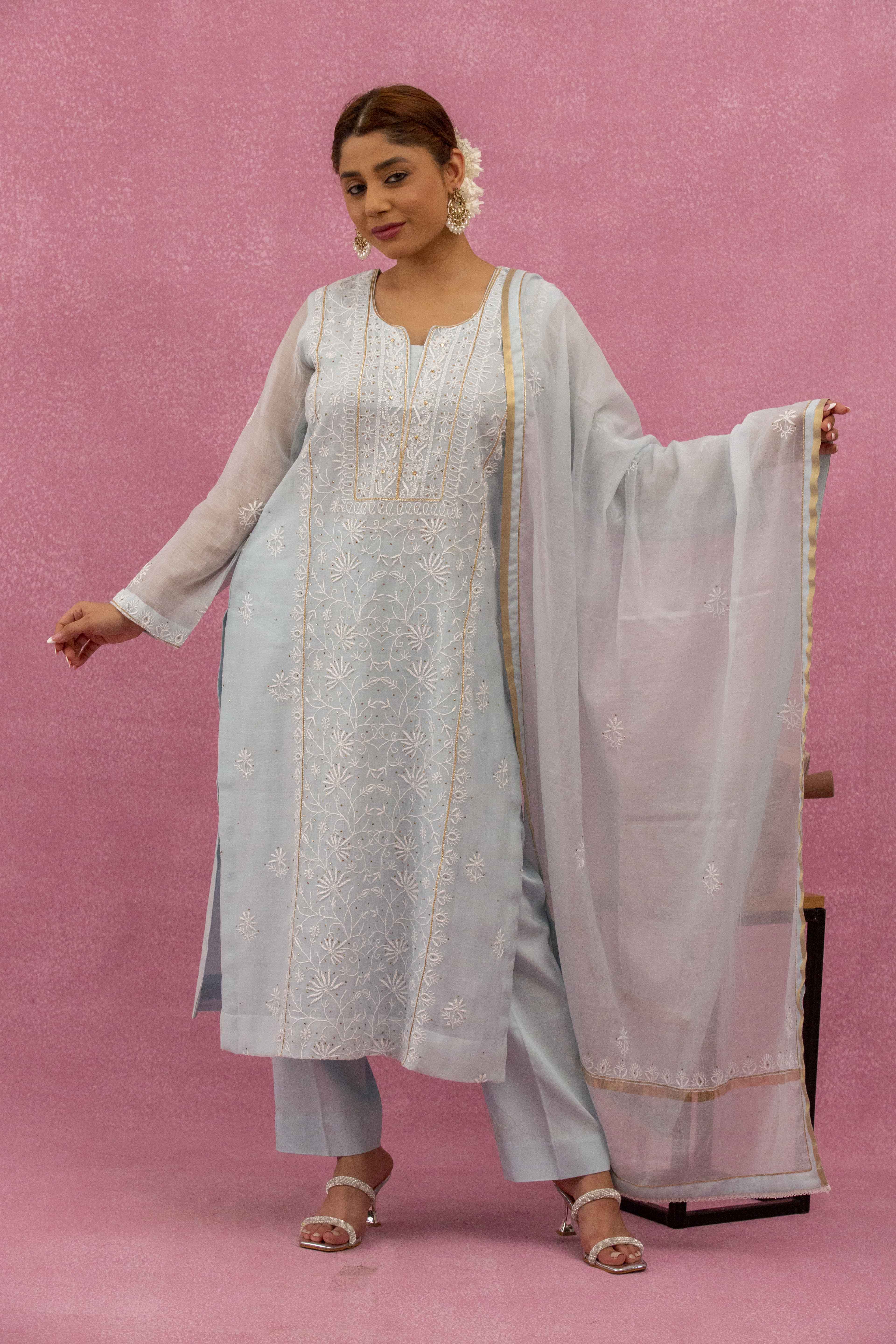 Urviya Chikankari Mul Chanderi Light Blue Mukaish Suit
