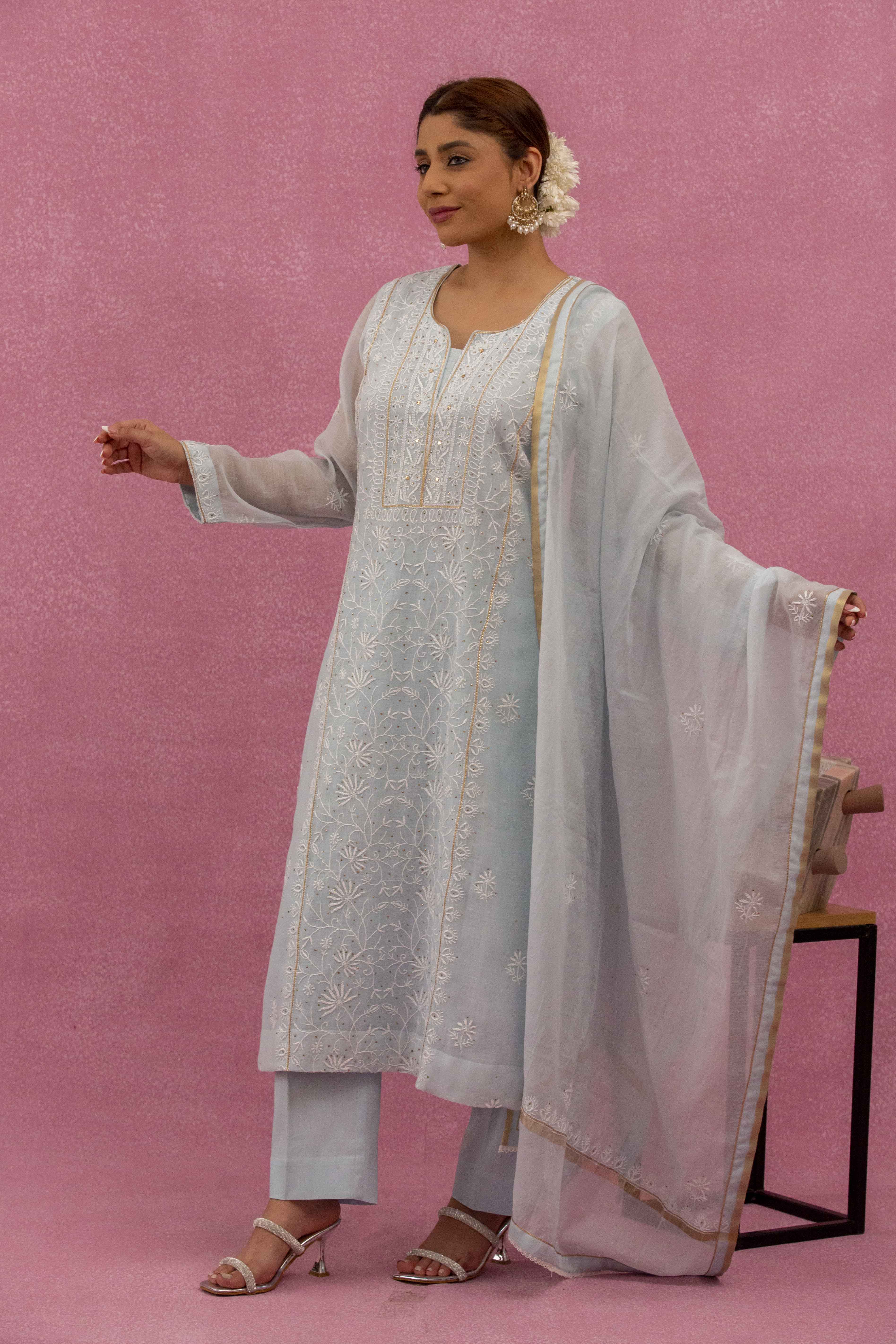 Urviya Chikankari Mul Chanderi Light Blue Mukaish Suit