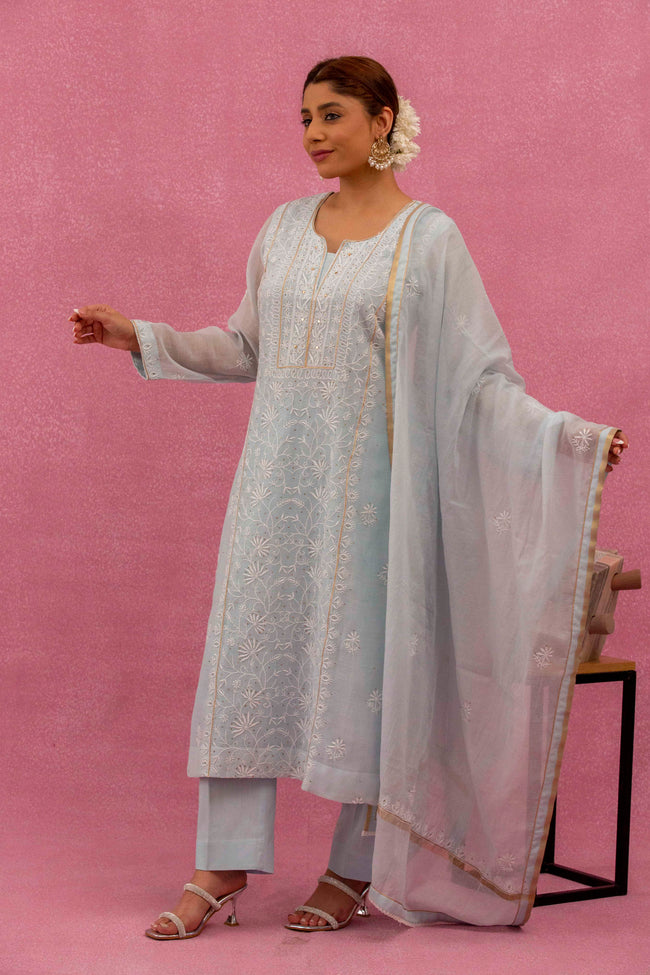 Urviya Chikankari Mul Chanderi Light Blue Mukaish Suit