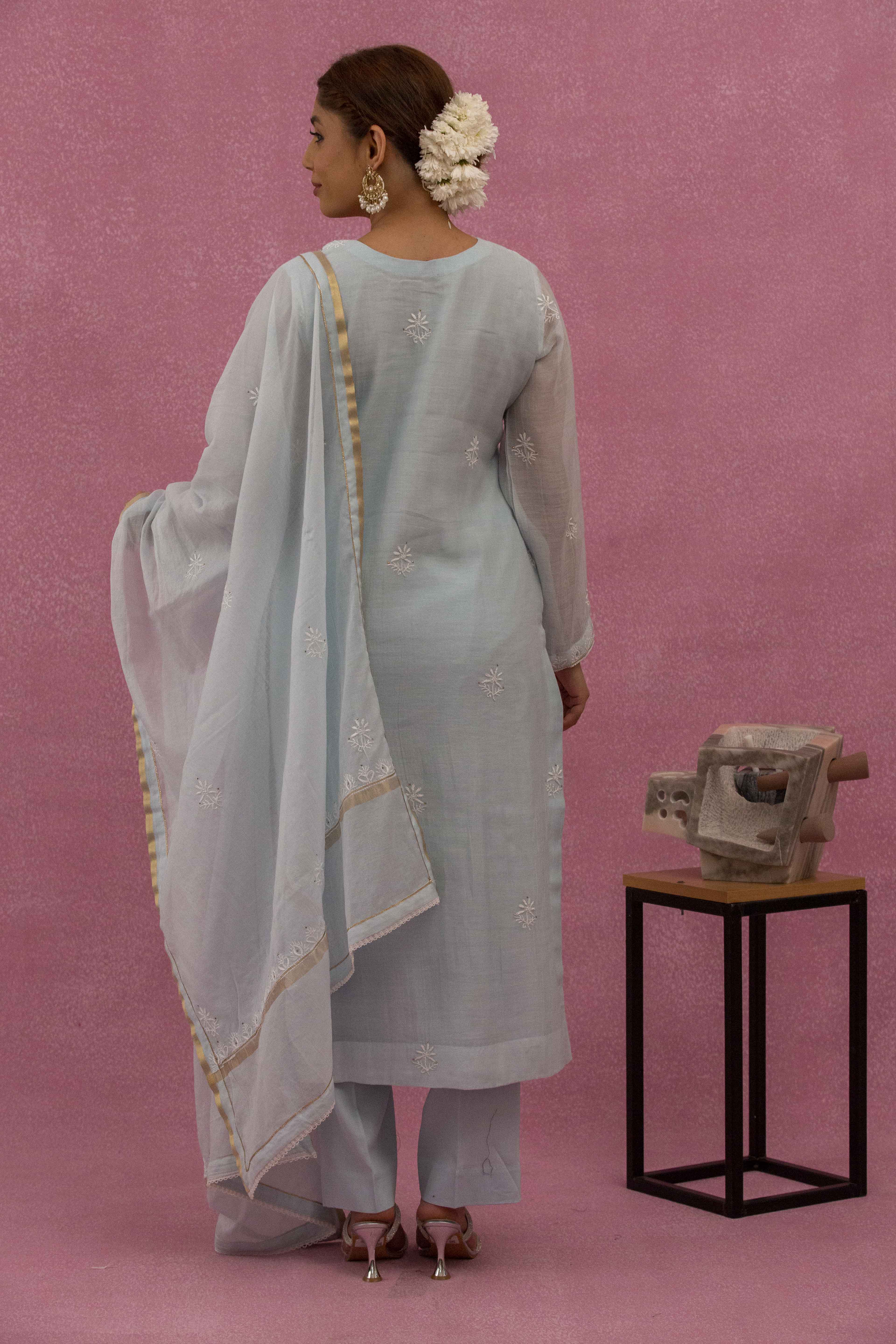 Urviya Chikankari Mul Chanderi Light Blue Mukaish Suit