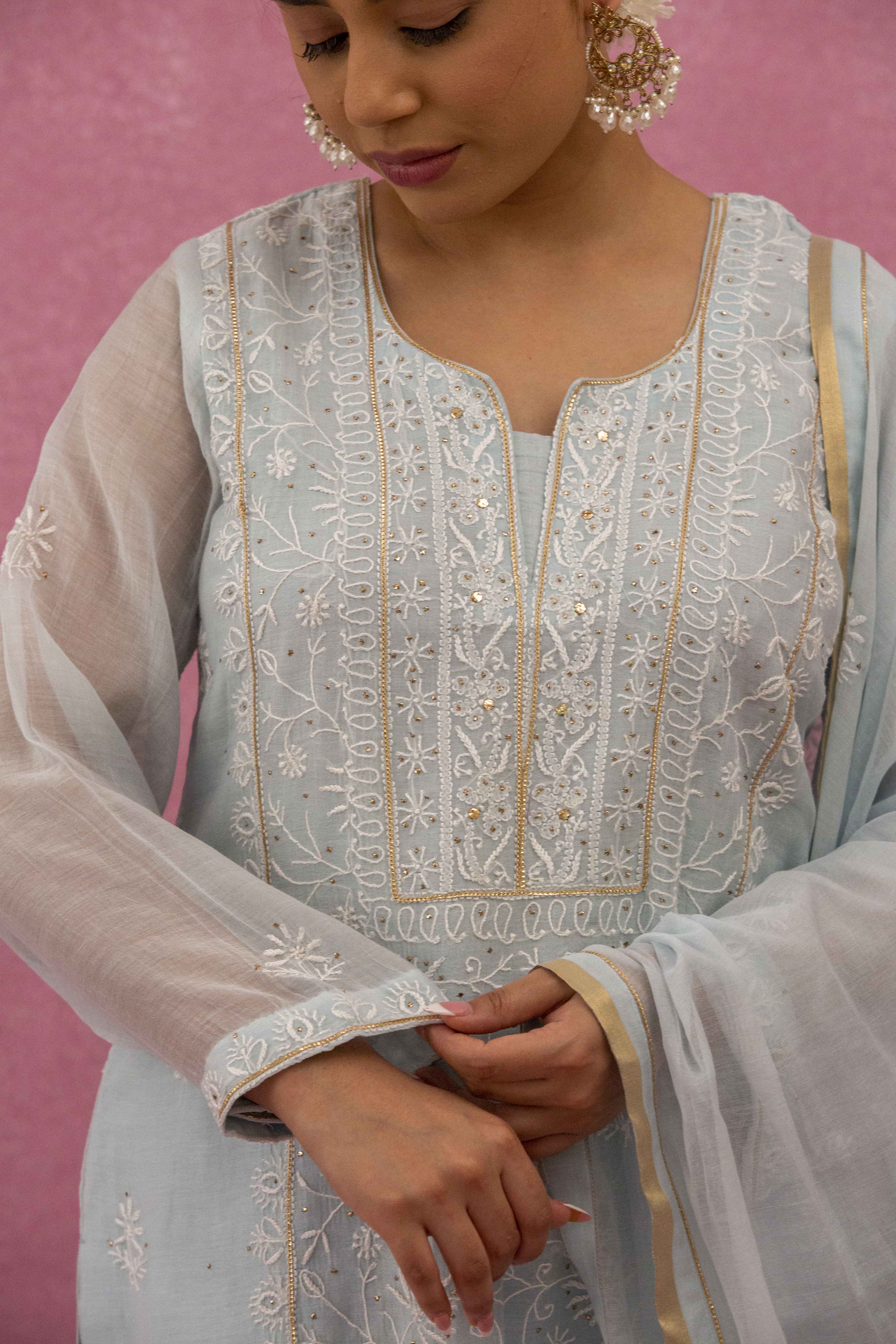 Urviya Chikankari Mul Chanderi Light Blue Mukaish Suit
