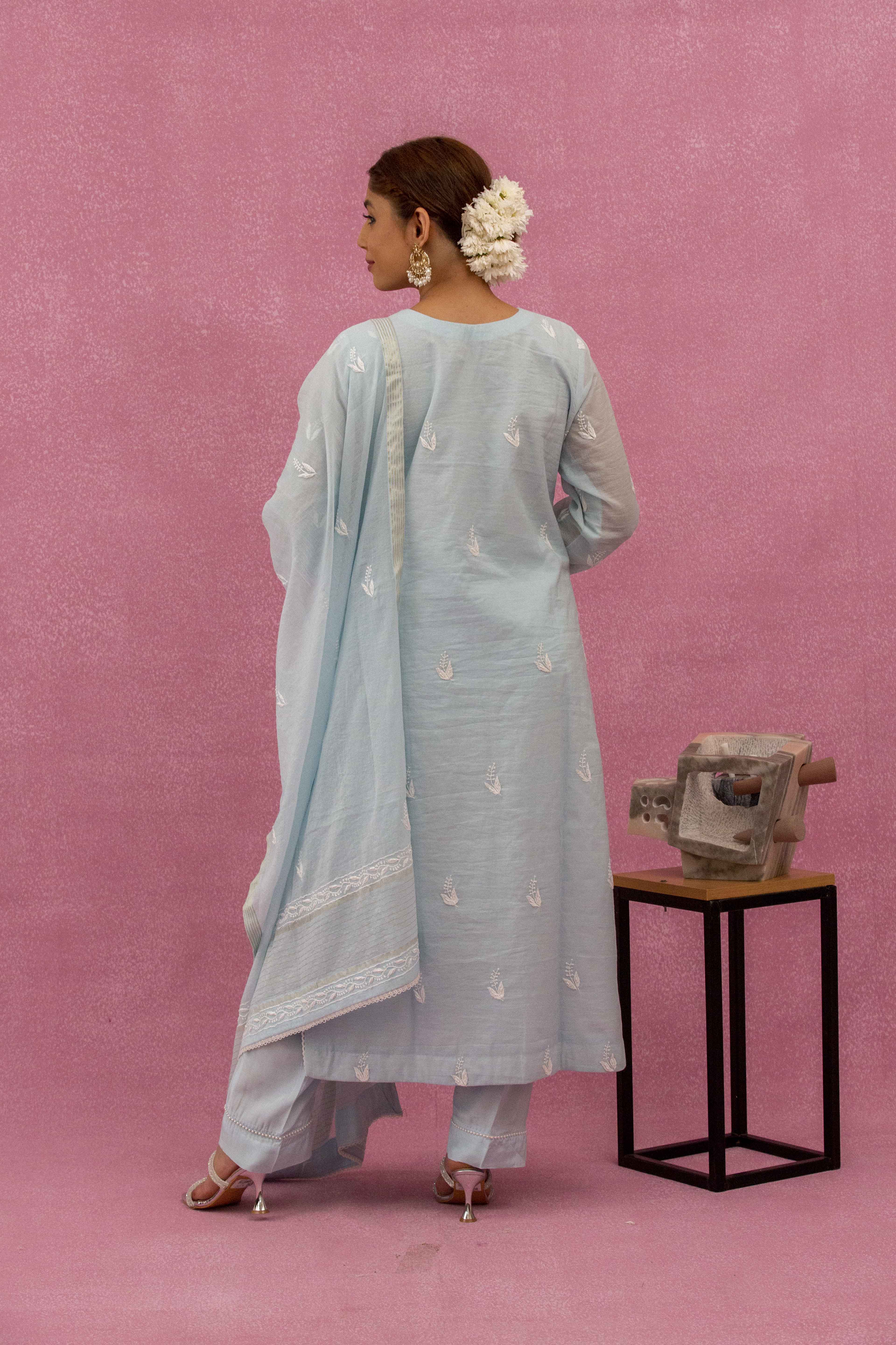 Urviya Chikankari Mul Chanderi Light Blue Pearl Work Cutdaana Jaal Suit