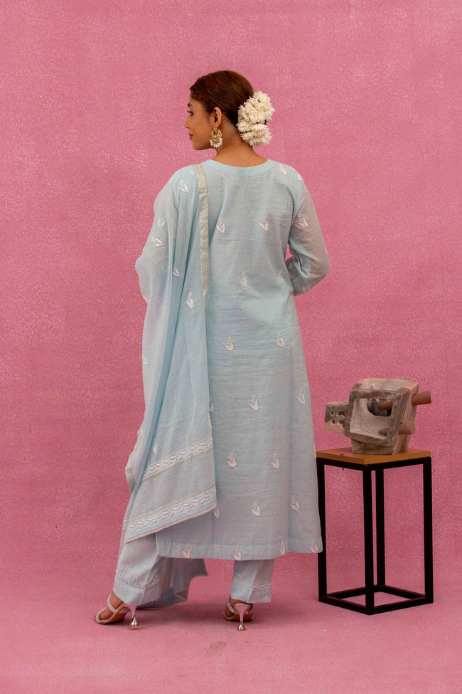 Urviya Chikankari Mul Chanderi Light Blue Pearl Work Cutdaana Jaal Suit