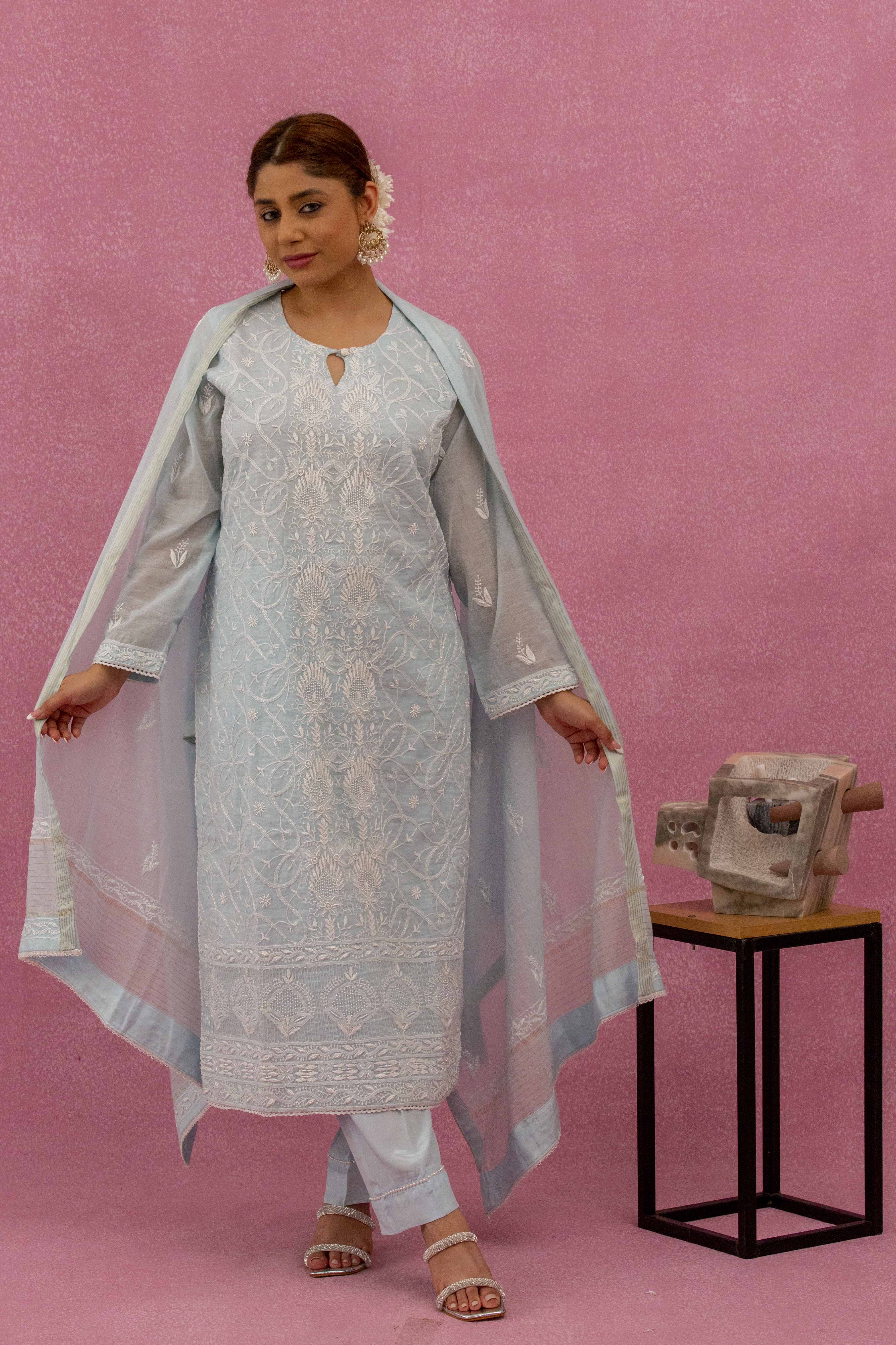 Urviya Chikankari Mul Chanderi Light Blue Pearl Work Cutdaana Jaal Suit