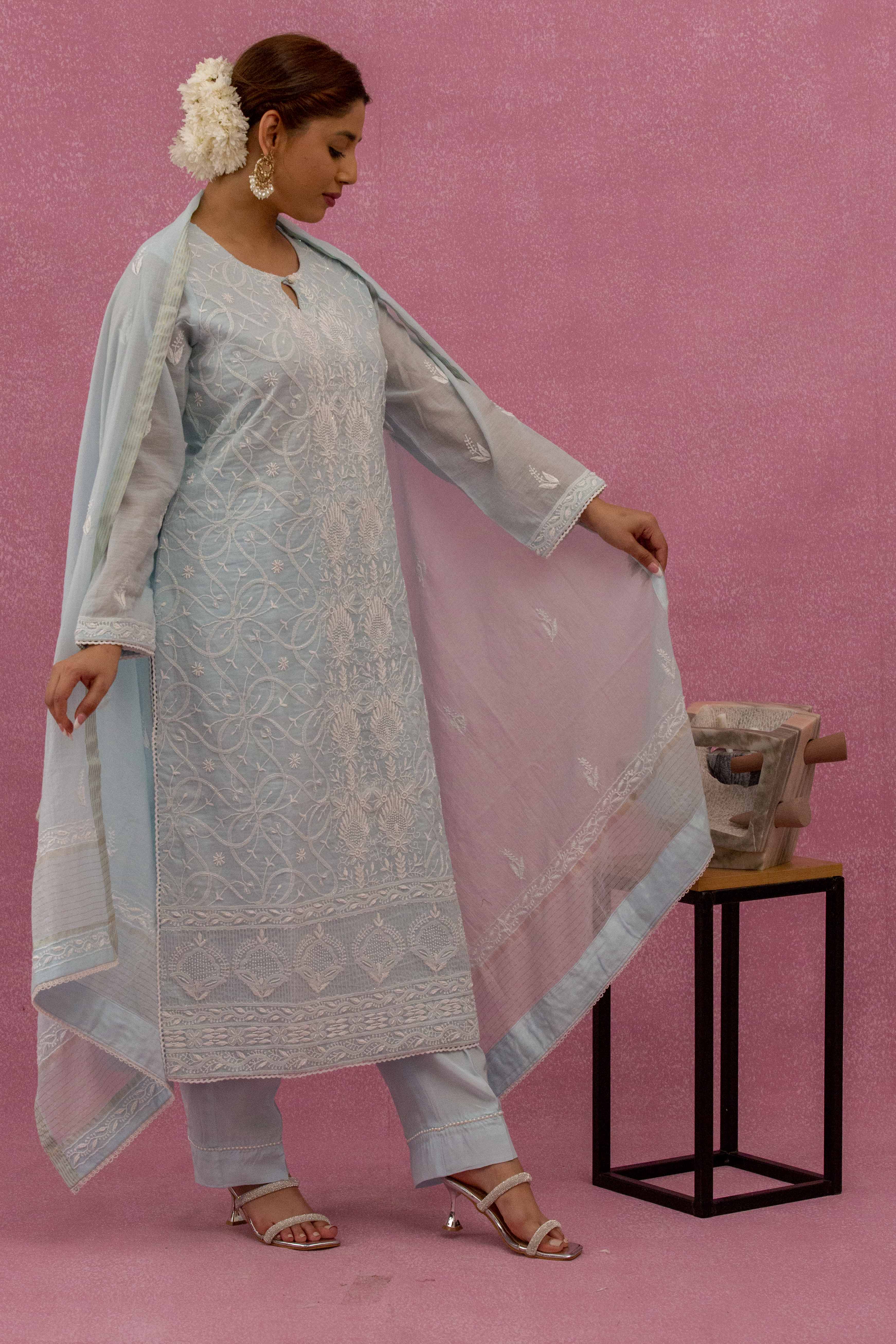 Urviya Chikankari Mul Chanderi Light Blue Pearl Work Cutdaana Jaal Suit