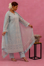 Urviya Chikankari Mul Chanderi Light Blue Pearl Work Cutdaana Jaal Suit